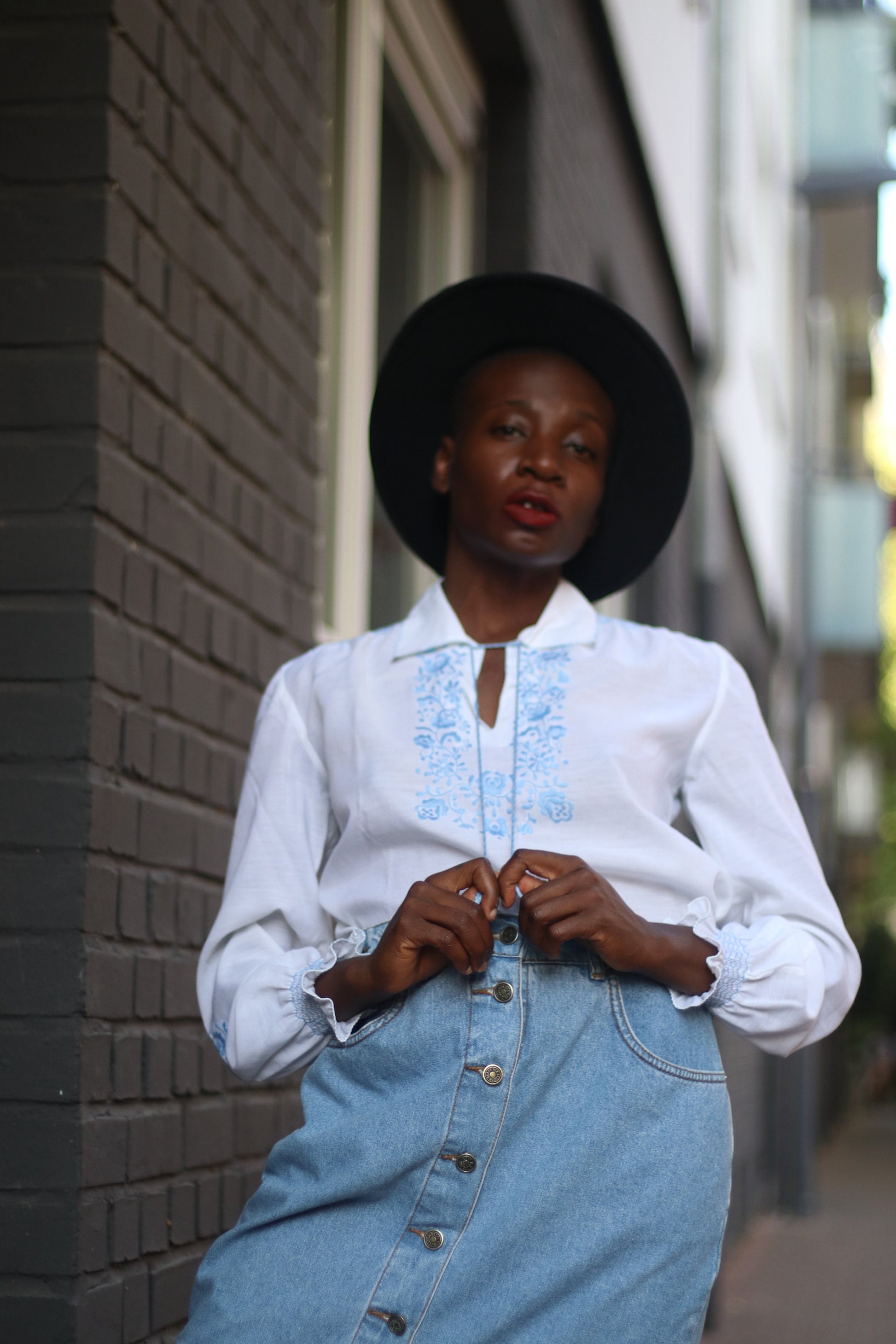 90s Bohemian Blouse| Vintage White and Blue Summer Shirt| Hippy Long sleeved Summer Blouse with embroidered details and tie