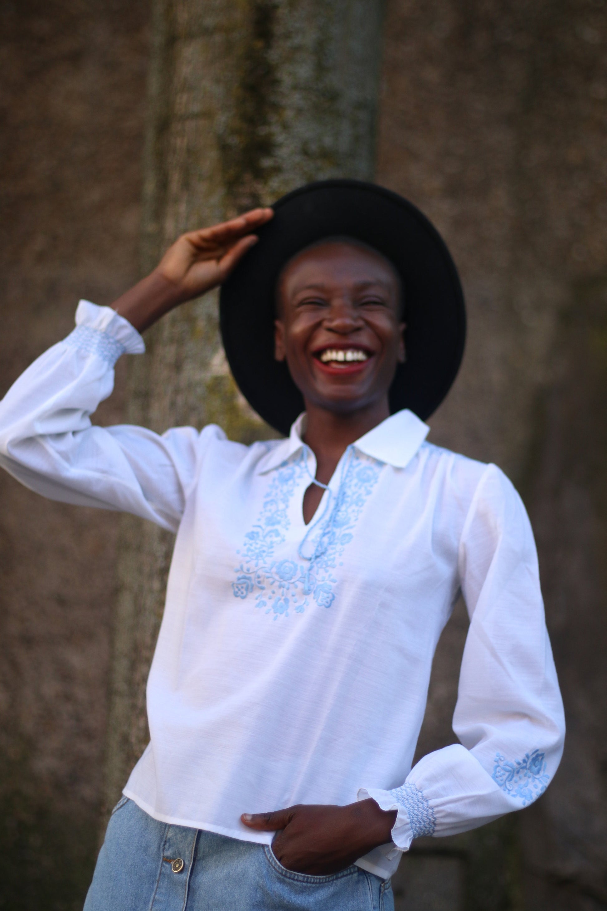90s Bohemian Blouse| Vintage White and Blue Summer Shirt| Hippy Long sleeved Summer Blouse with embroidered details and tie