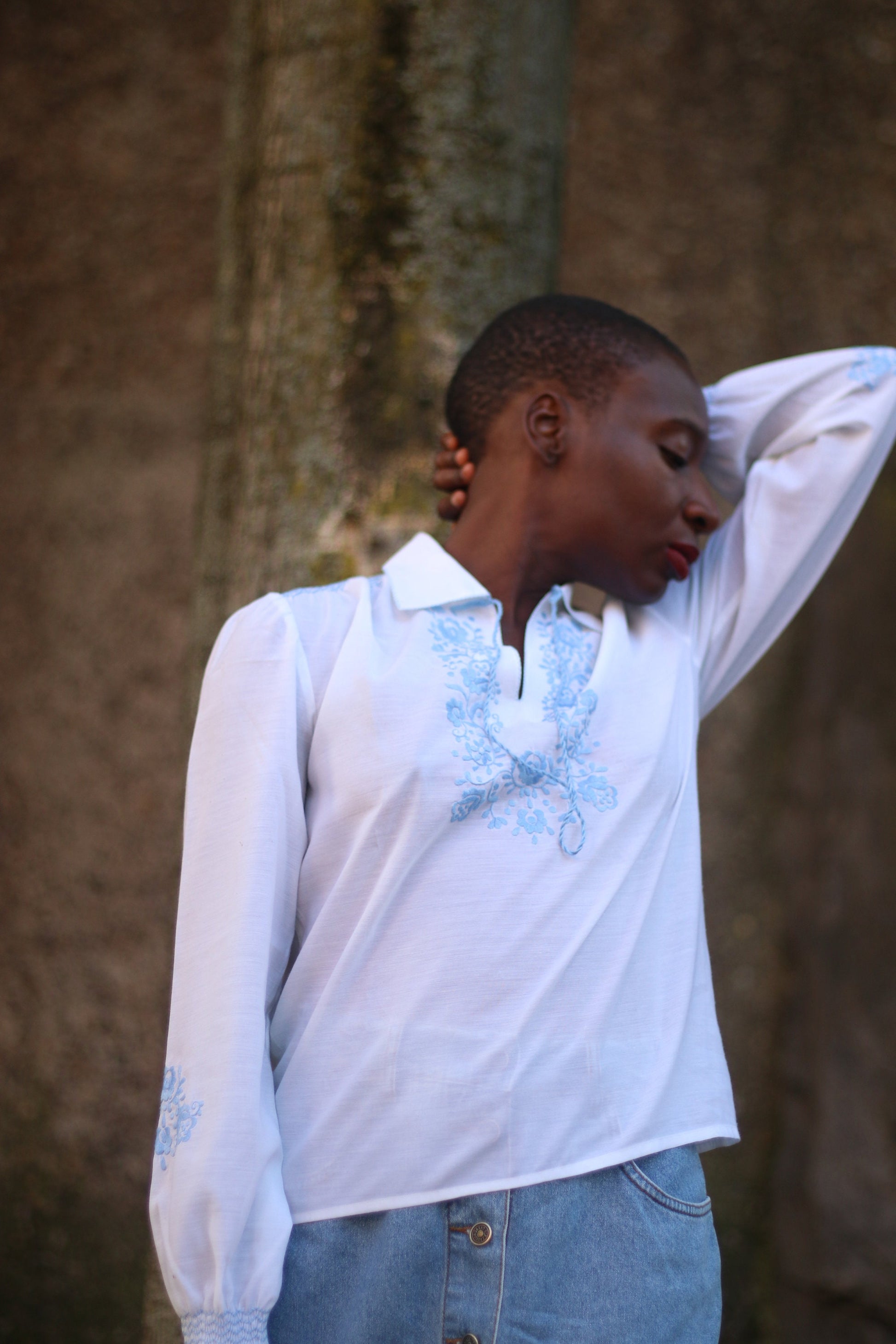 90s Bohemian Blouse| Vintage White and Blue Summer Shirt| Hippy Long sleeved Summer Blouse with embroidered details and tie