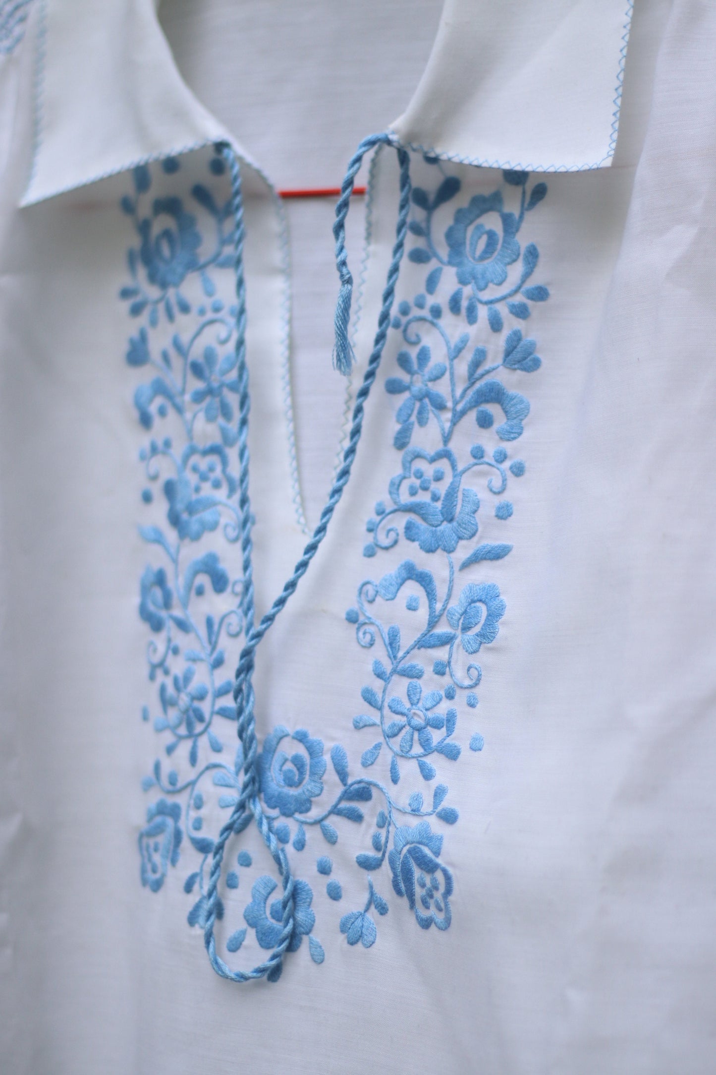 90s Bohemian Blouse| Vintage White and Blue Summer Shirt| Hippy Long sleeved Summer Blouse with embroidered details and tie