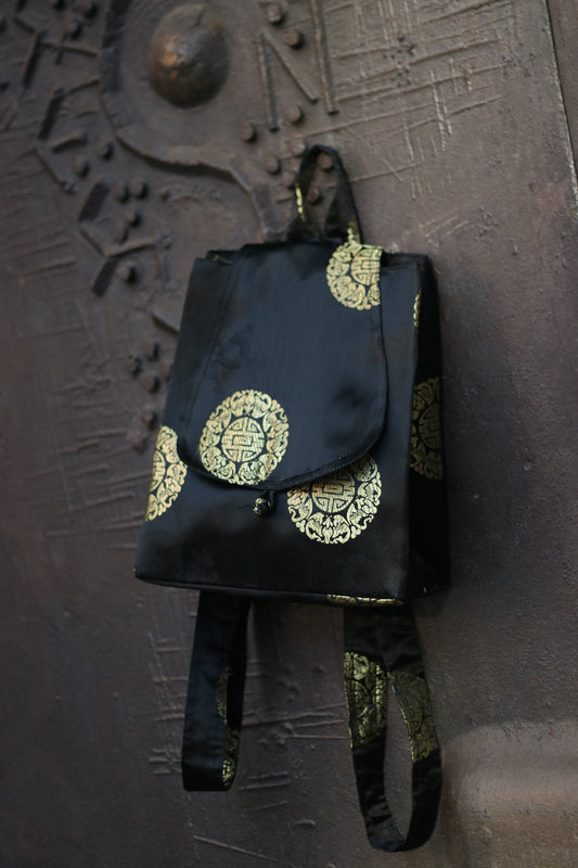 y2k black opulent backpack| Vintage Black and gold fabric backpack with circle print| Gothic inspired EMO bag