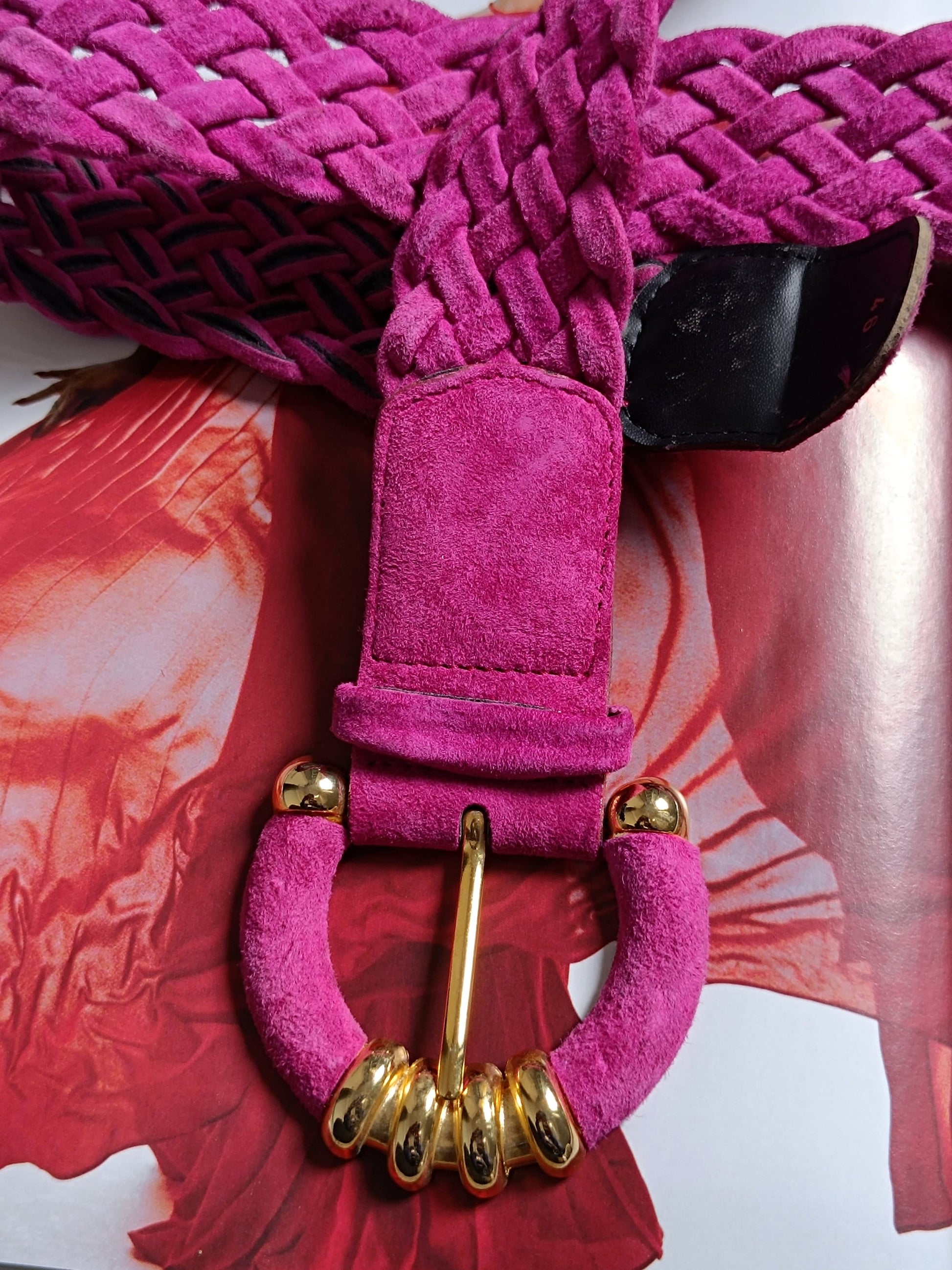 80s Pink Suede Belt | Vintage Patrizia S Statement oversized feminine belt with gold colored details| Maximalist pink accessory