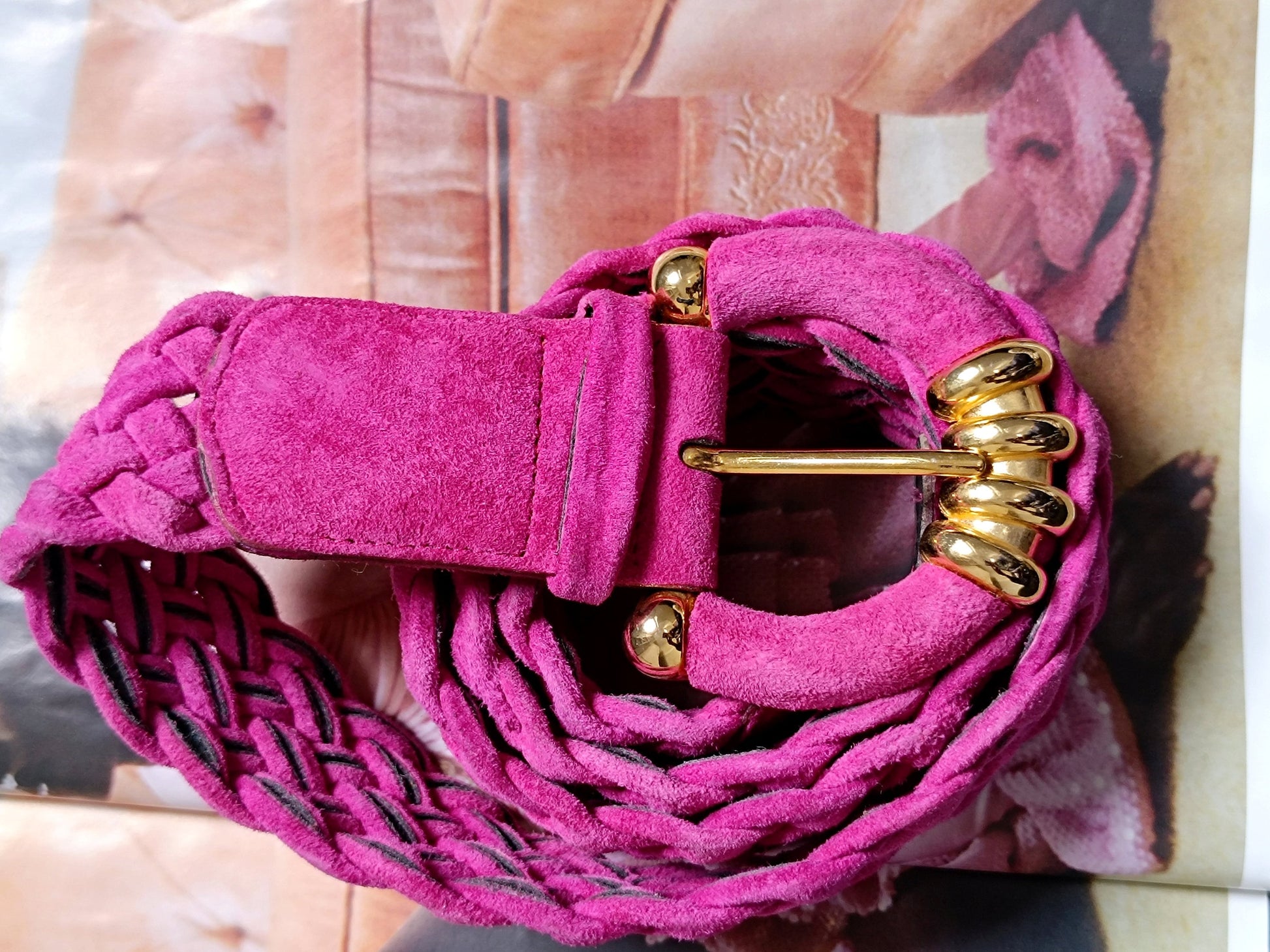 80s Pink Suede Belt | Vintage Patrizia S Statement oversized feminine belt with gold colored details| Maximalist pink accessory