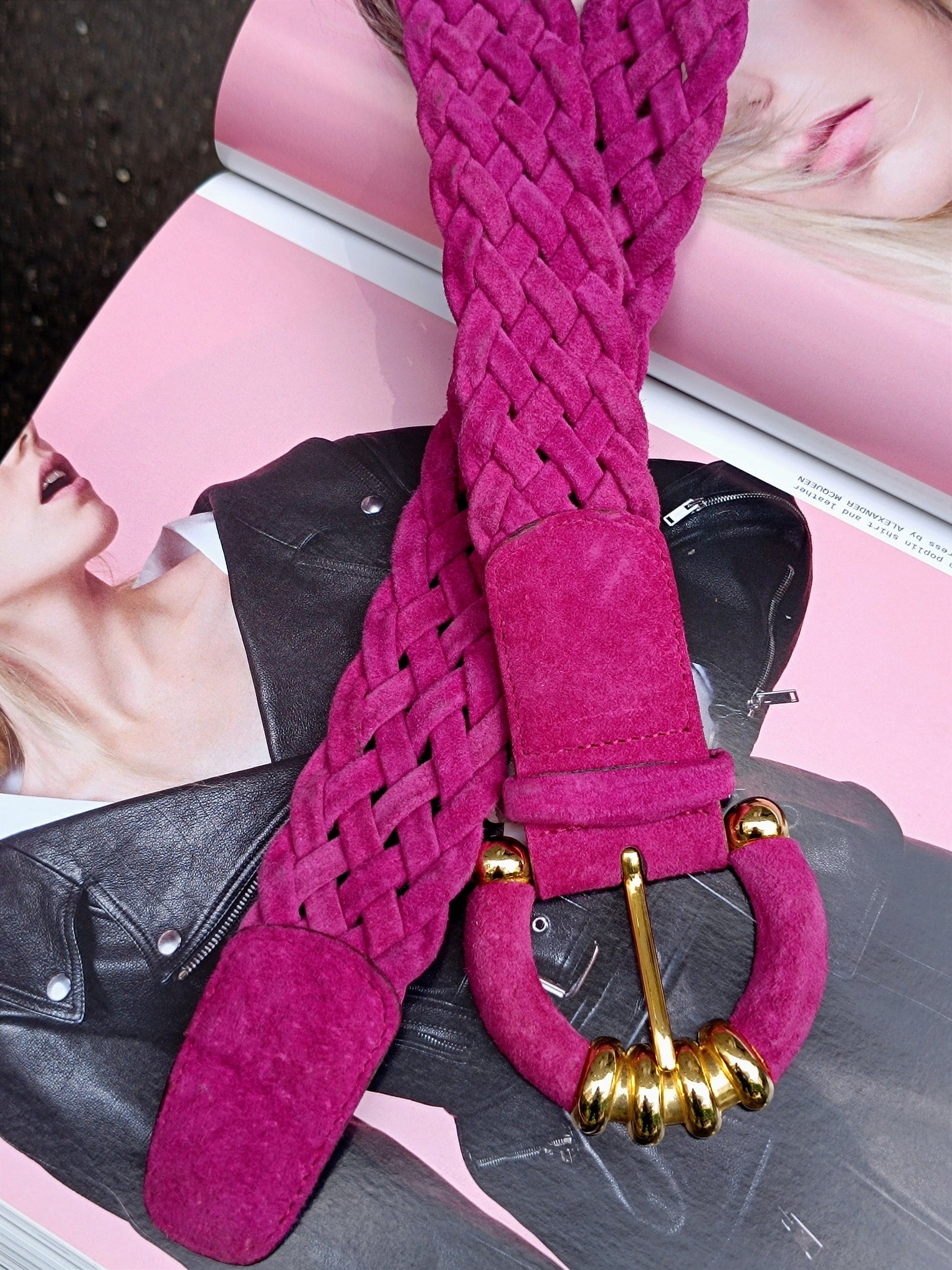 80s Pink Suede Belt | Vintage Patrizia S Statement oversized feminine belt with gold colored details| Maximalist pink accessory