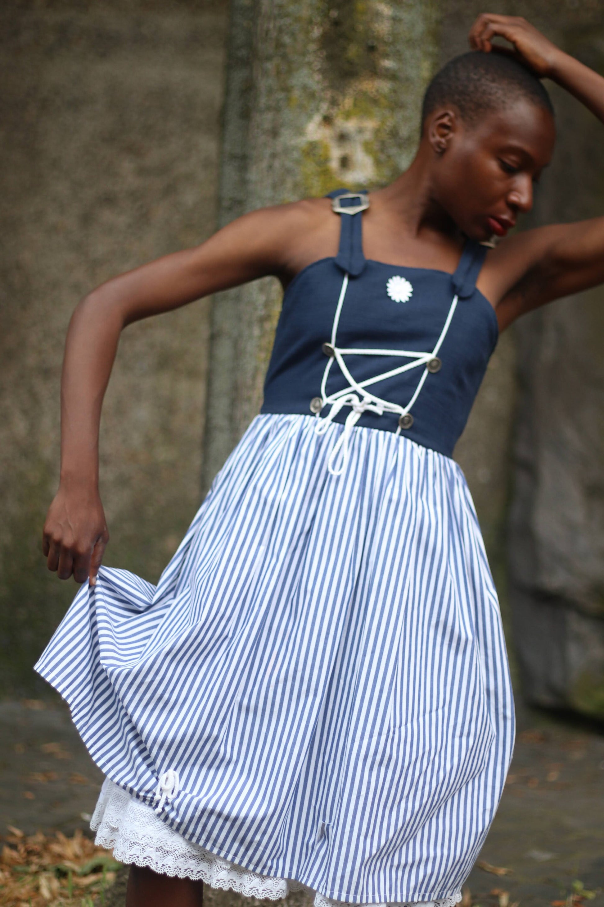 80s Blue & White Striped Summer Dress| Vintage Landhaus sleeveless traditional Austrian dress| Drindl inspired Bavarian cottage core dress