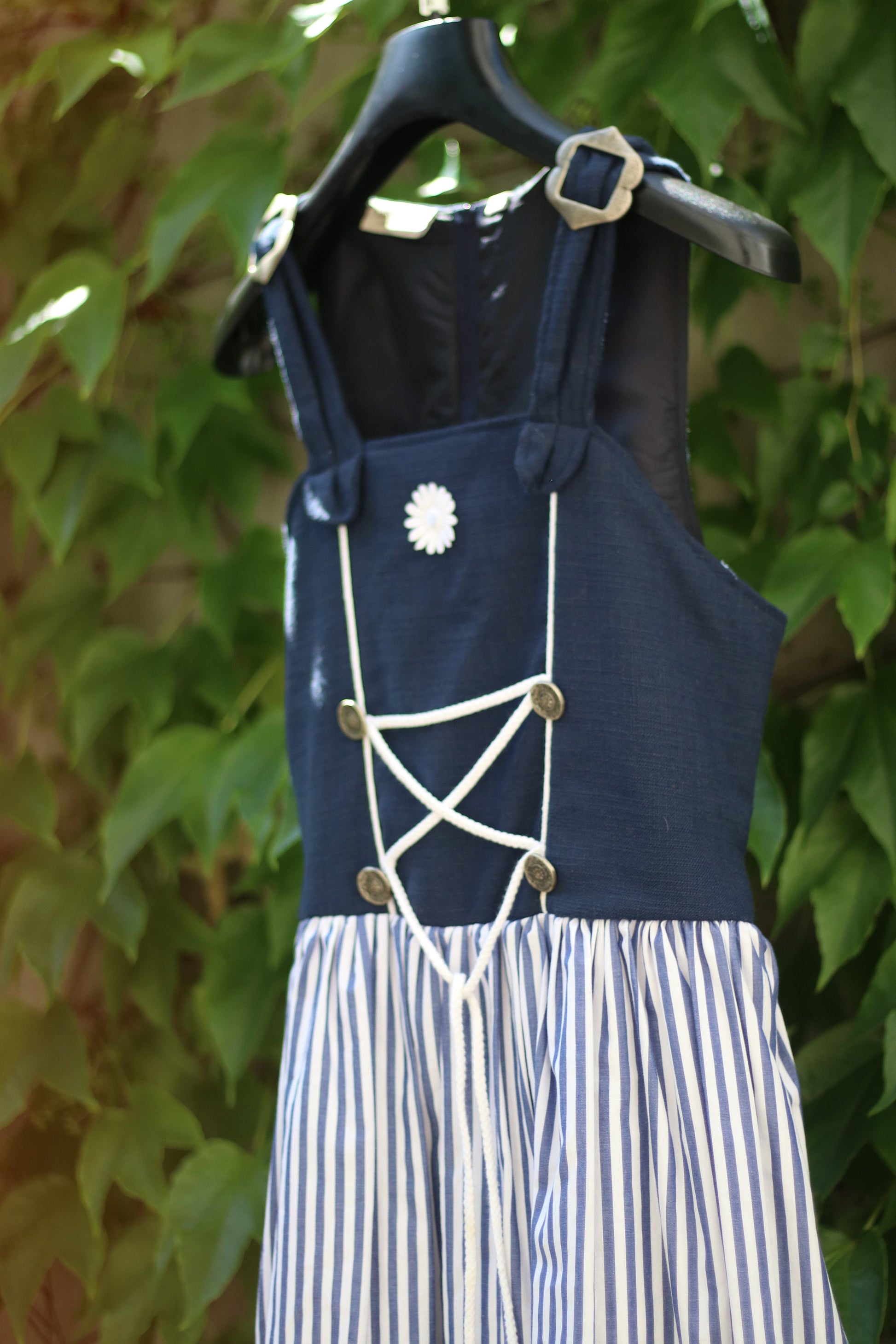 80s Blue & White Striped Summer Dress| Vintage Landhaus sleeveless traditional Austrian dress| Drindl inspired Bavarian cottage core dress