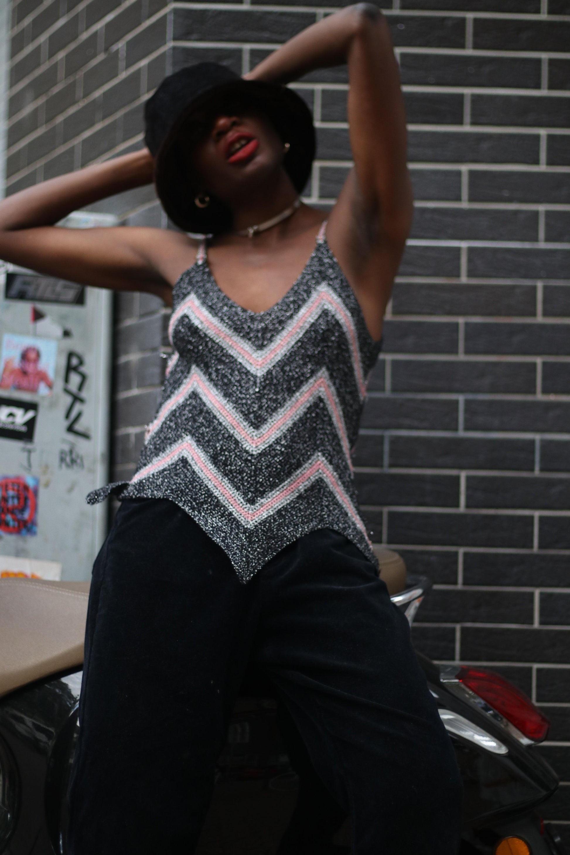 y2k shimmery spaghetti top | Vintage black and pink metallic party top