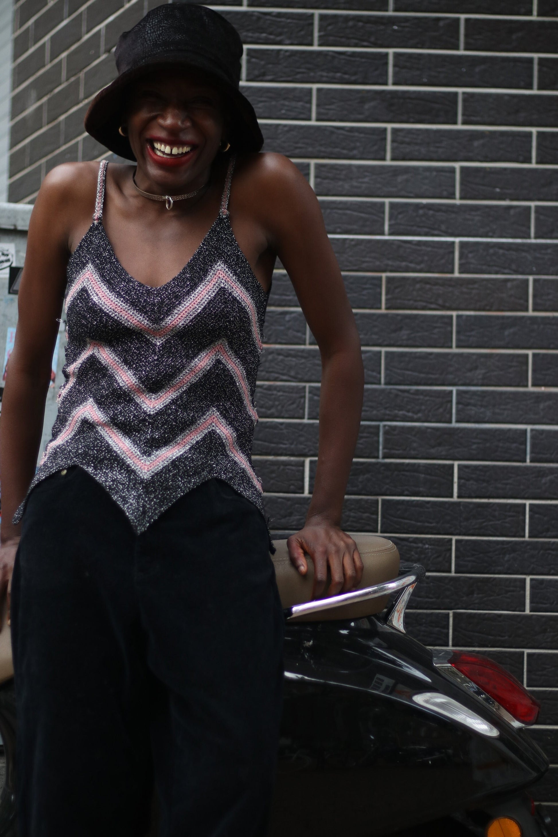 y2k shimmery spaghetti top | Vintage black and pink metallic party top