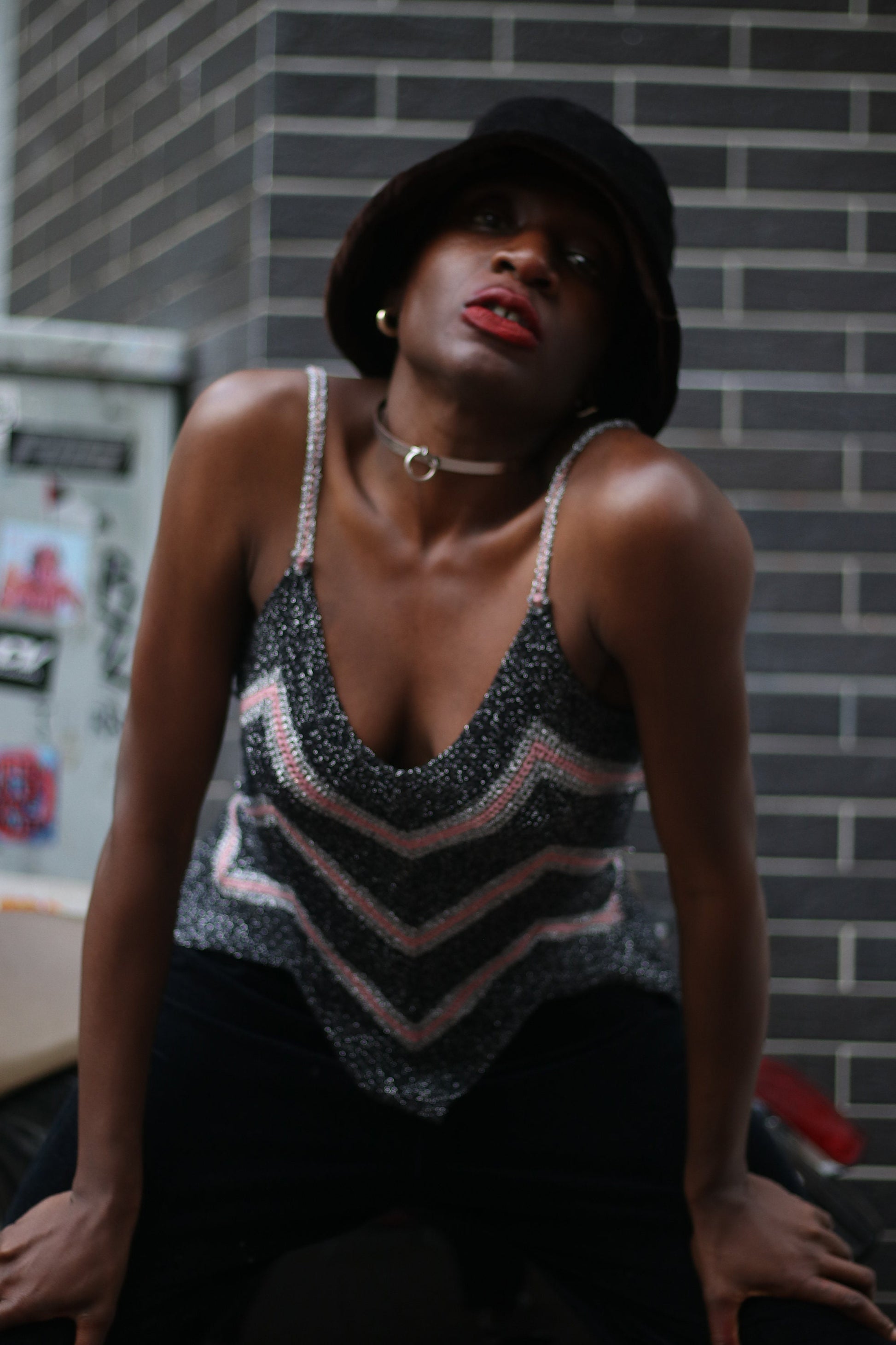 y2k shimmery spaghetti top | Vintage black and pink metallic party top