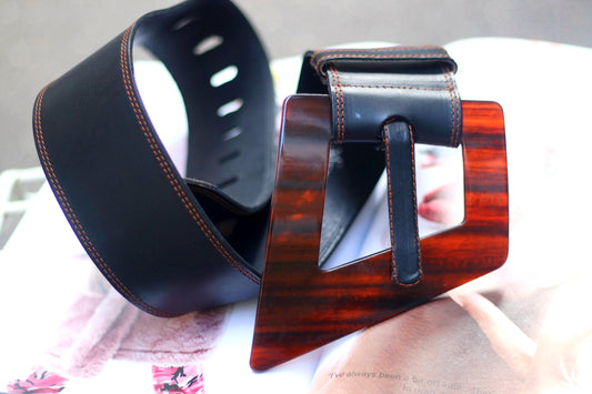 90s Bernd Berger Black leather Belt| Black waist belt |Oversized statement belt with brown buckle