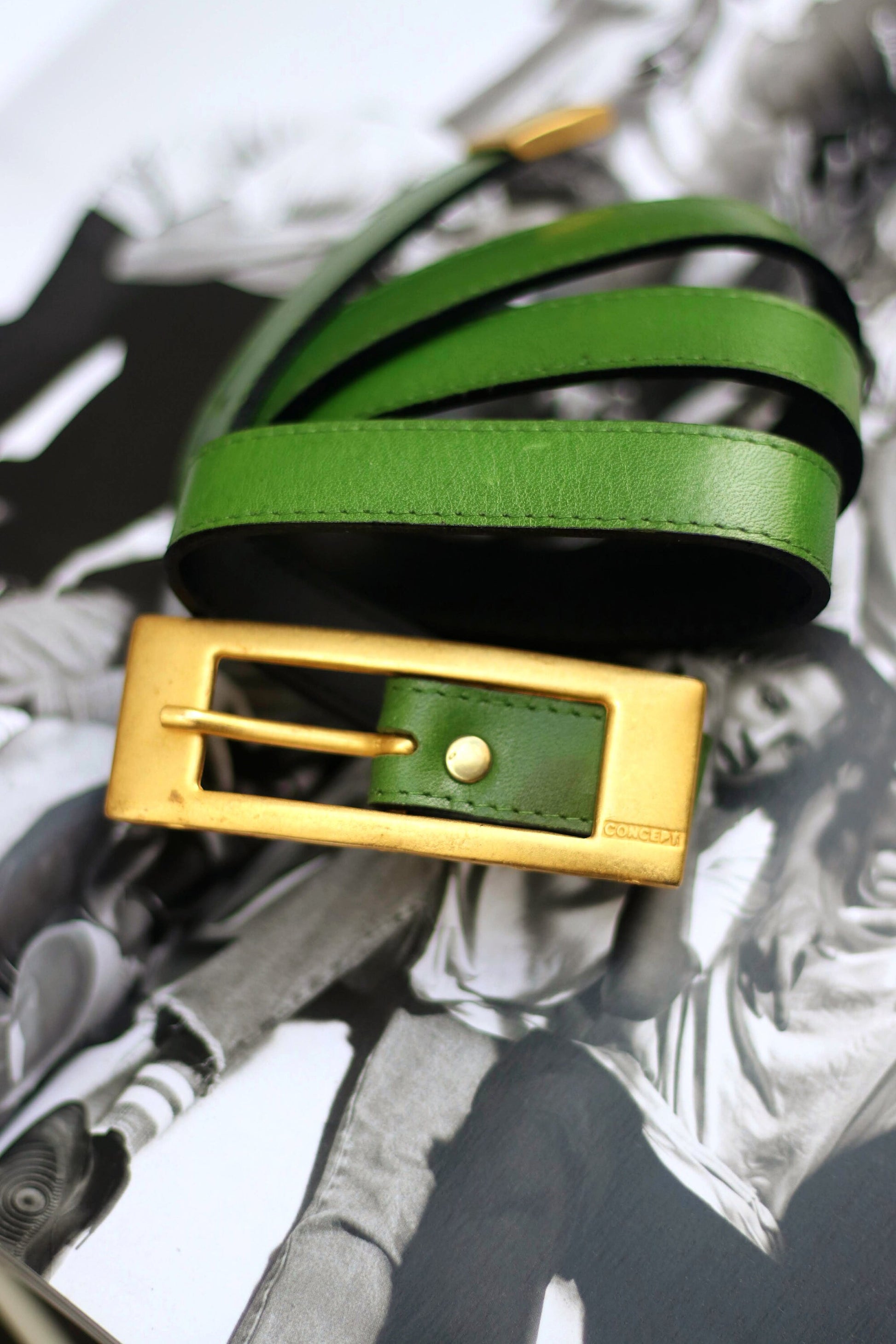 Vintage Green Skinny Leather belt| 80s green and gold colored belt| Minimalist thin belt