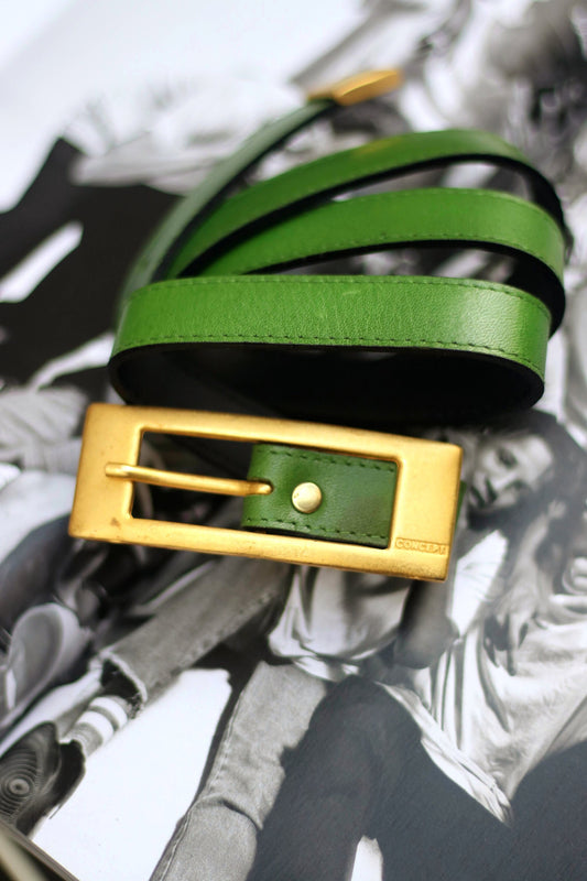 Vintage Green Skinny Leather belt| 80s green and gold colored belt| Minimalist thin belt