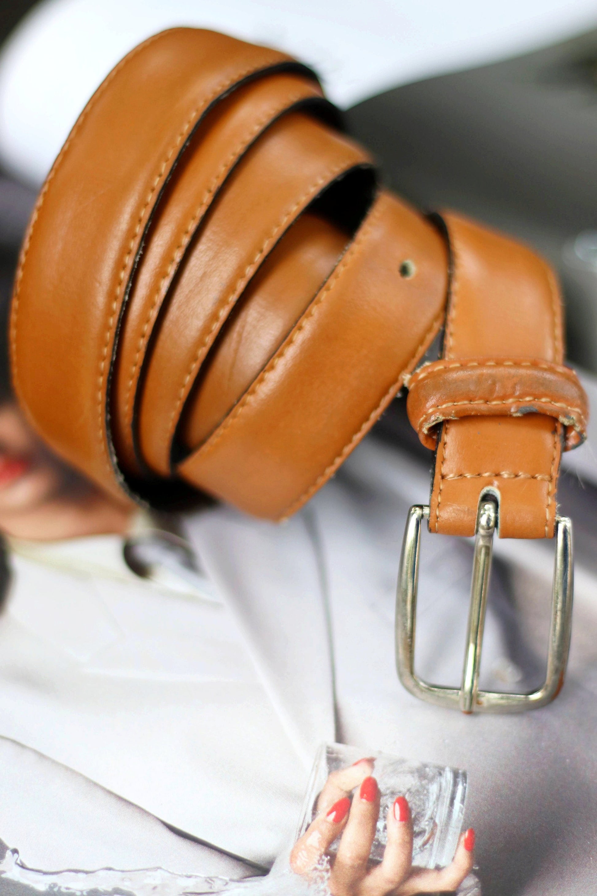 90s Minimalist brown leather belt| Vintage classic capsule wardrobe belt with silver colored buckle