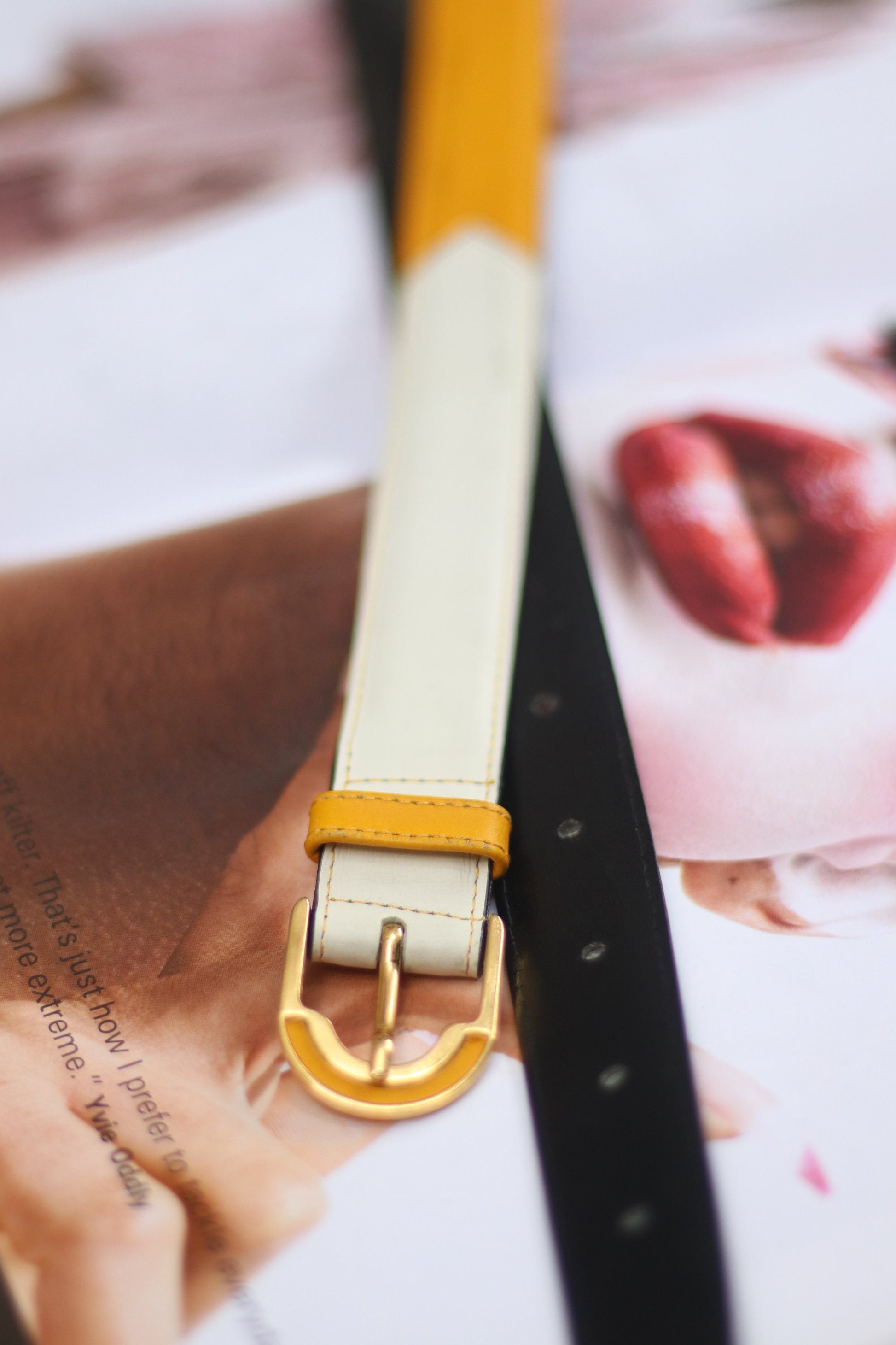 Vintage Yellow Leather Belt | 80s geometric white and yellow belt