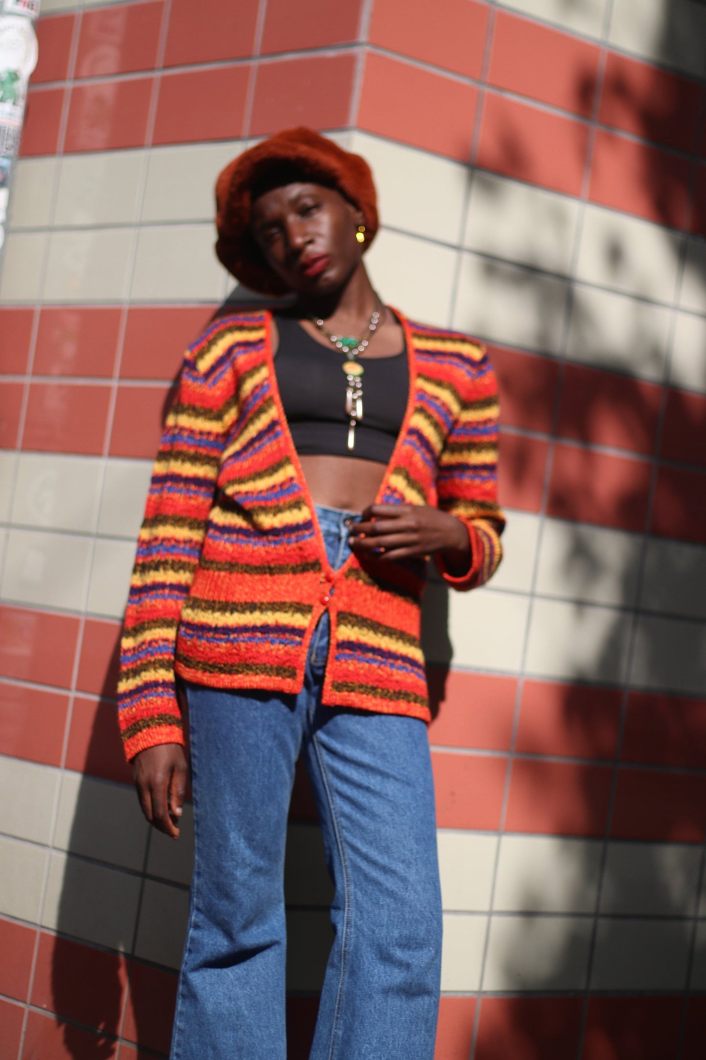Vintage Lecomte Knit | Multicolored 80s Long sleeved Cardigan | Striped Lightweight shimmery red yellow maximalist colorful spring design