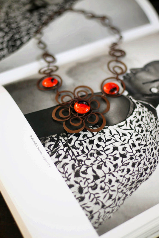 70s Statement Floral Necklace| Unique vintage nicklace with floral motif and red stones| Maximalist hippy jewelry