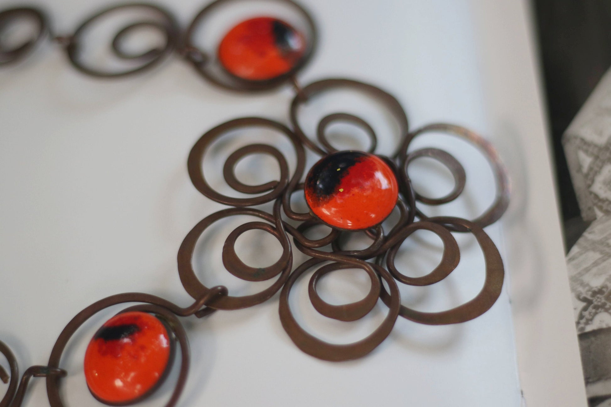 70s Statement Floral Necklace| Unique vintage nicklace with floral motif and red stones| Maximalist hippy jewelry