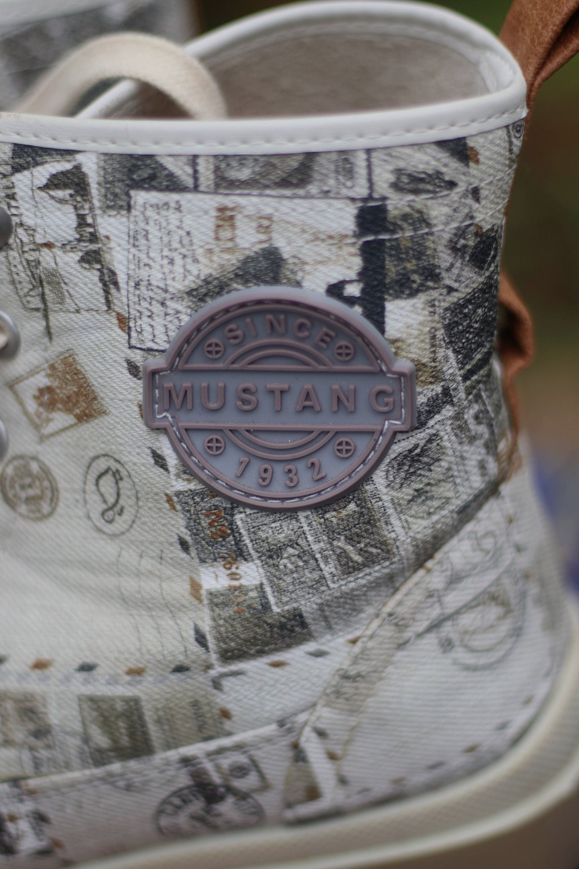 y2k Mustang Chunky Boots| Vintage grey canvas streetwear statement printed shoes