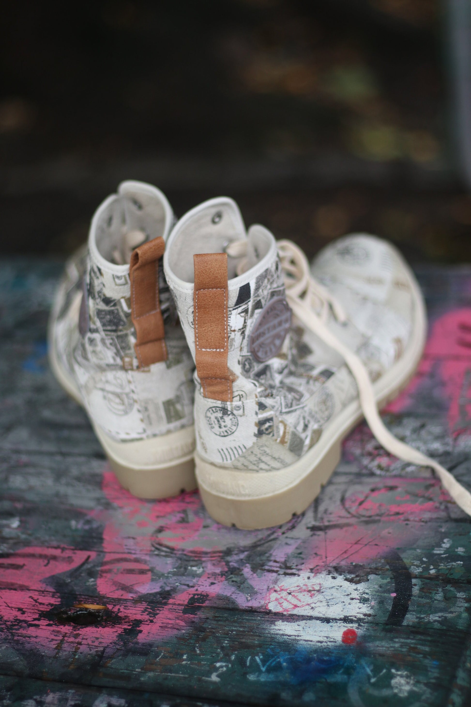 y2k Mustang Chunky Boots| Vintage grey canvas streetwear statement printed shoes