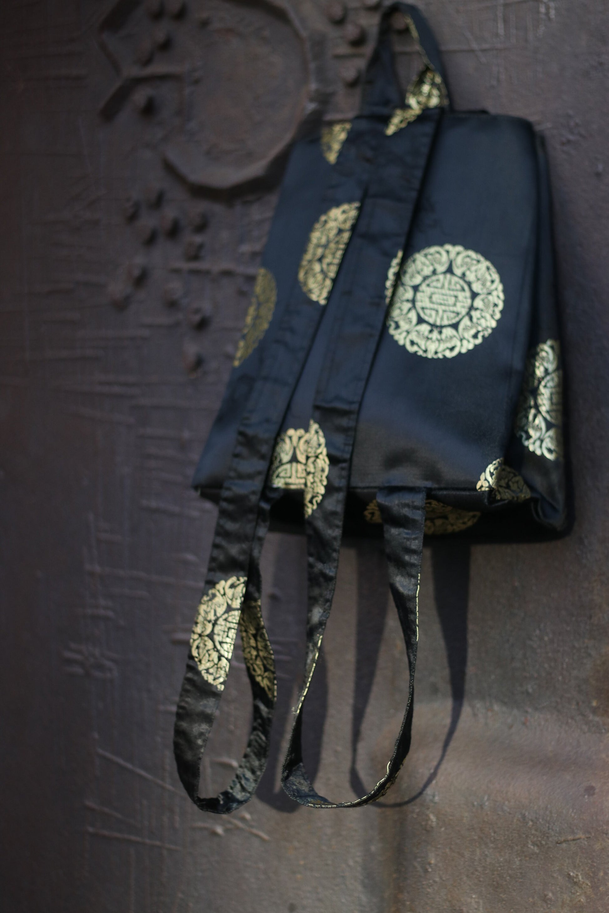 y2k black opulent backpack| Vintage Black and gold fabric backpack with circle print| Gothic inspired EMO bag