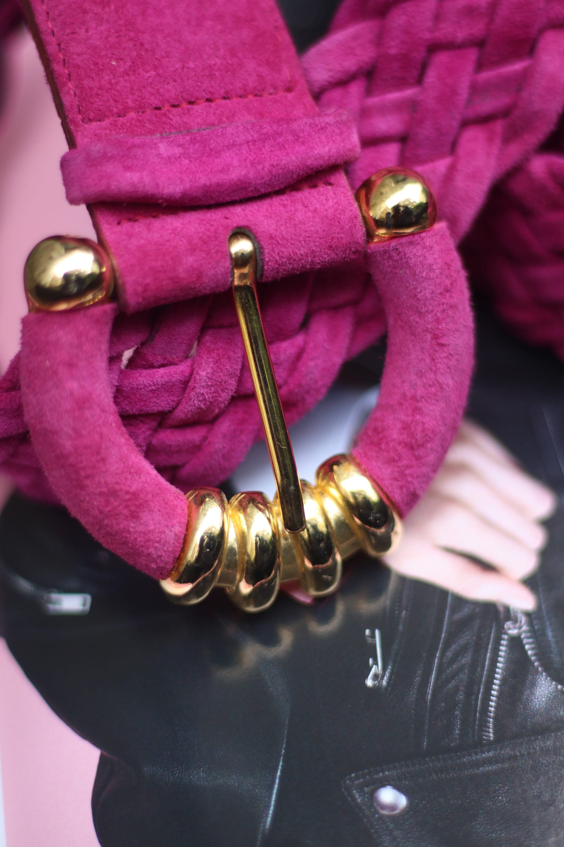 80s Pink Suede Belt | Vintage Patrizia S Statement oversized feminine belt with gold colored details| Maximalist pink accessory