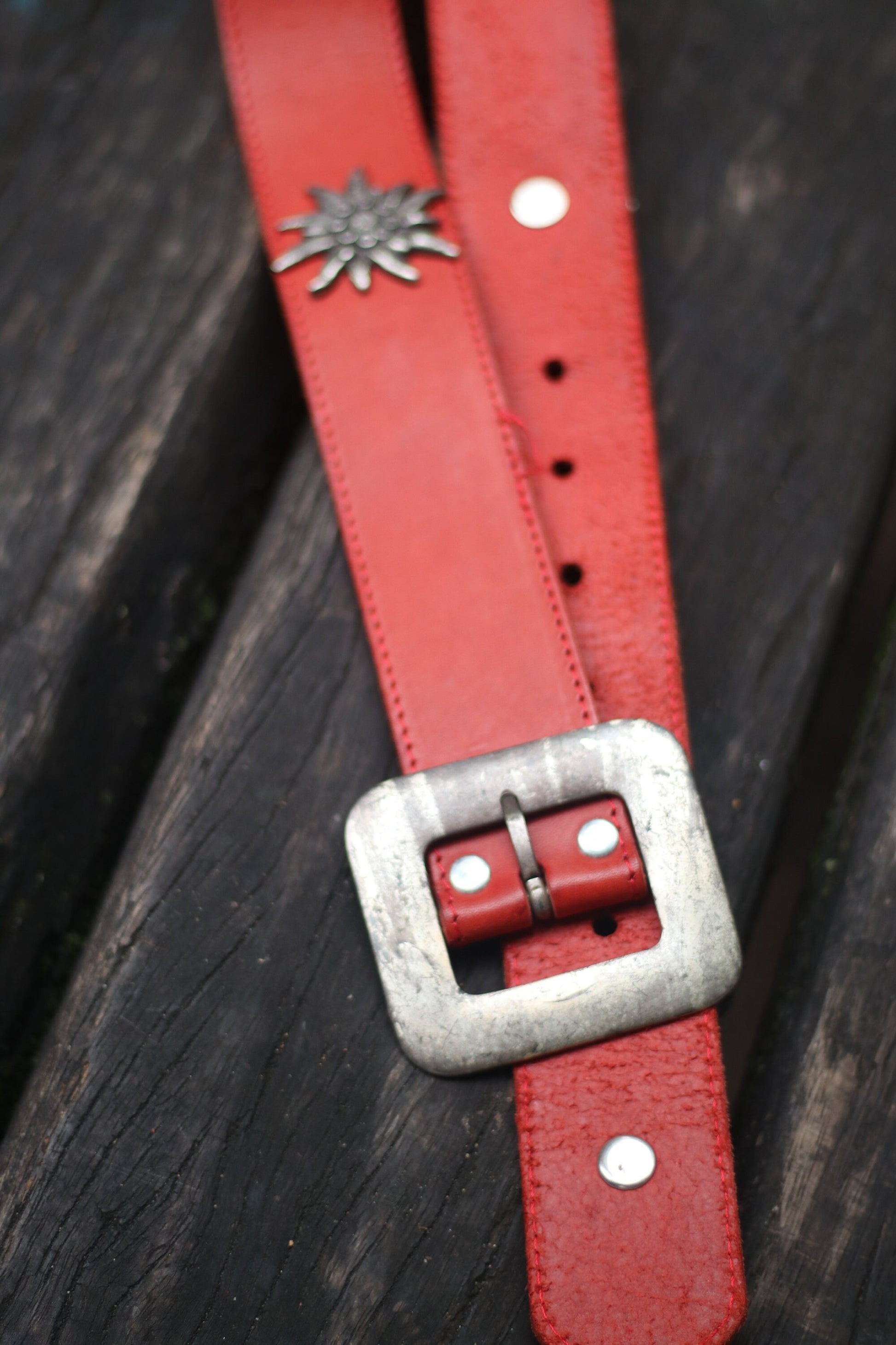 80s Red Leather Belt| Vintage studded bavarian folk belt| Embellished Maximalist belt with star shaped studs