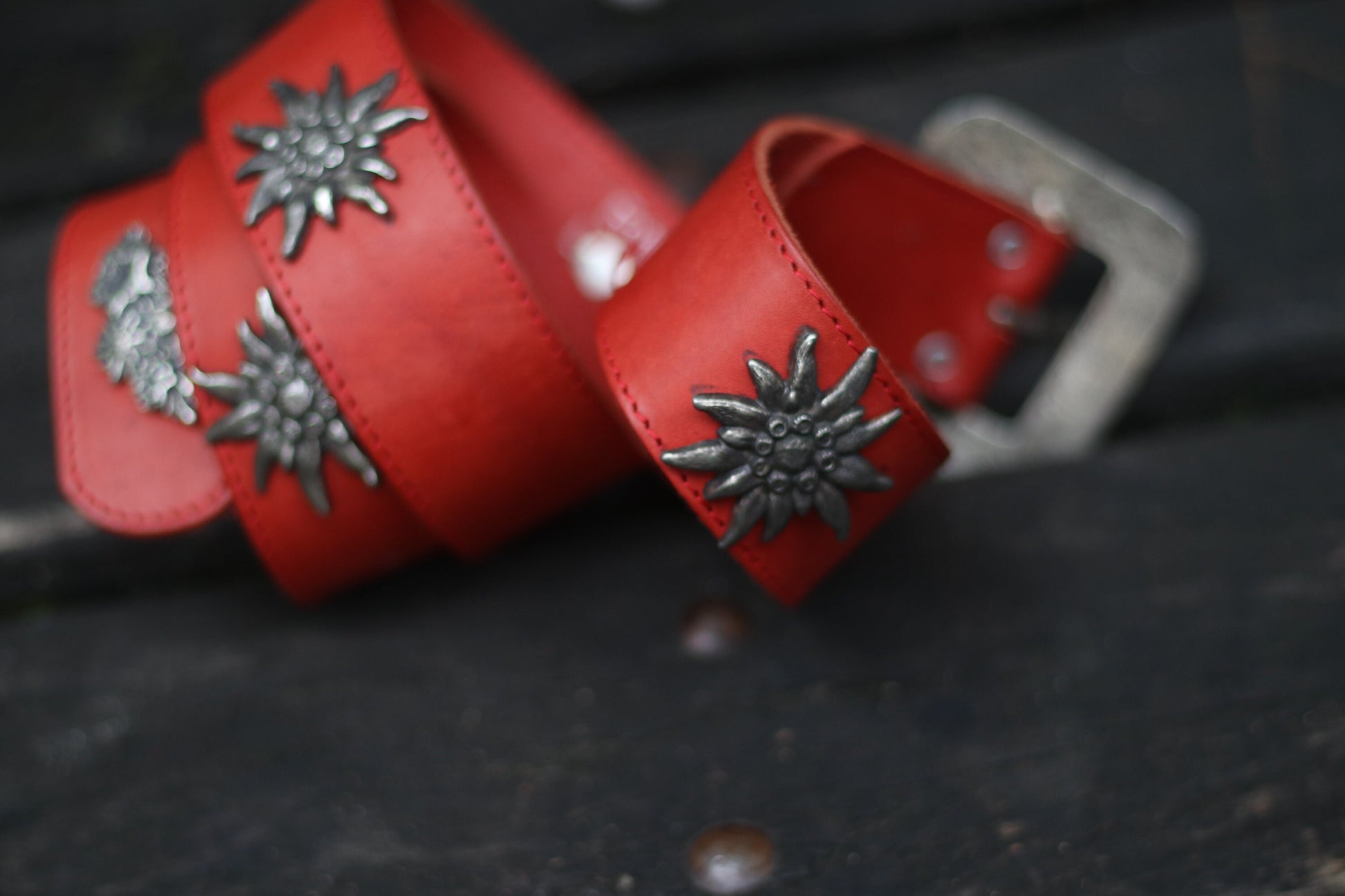 80s Red Leather Belt| Vintage studded bavarian folk belt| Embellished Maximalist belt with star shaped studs