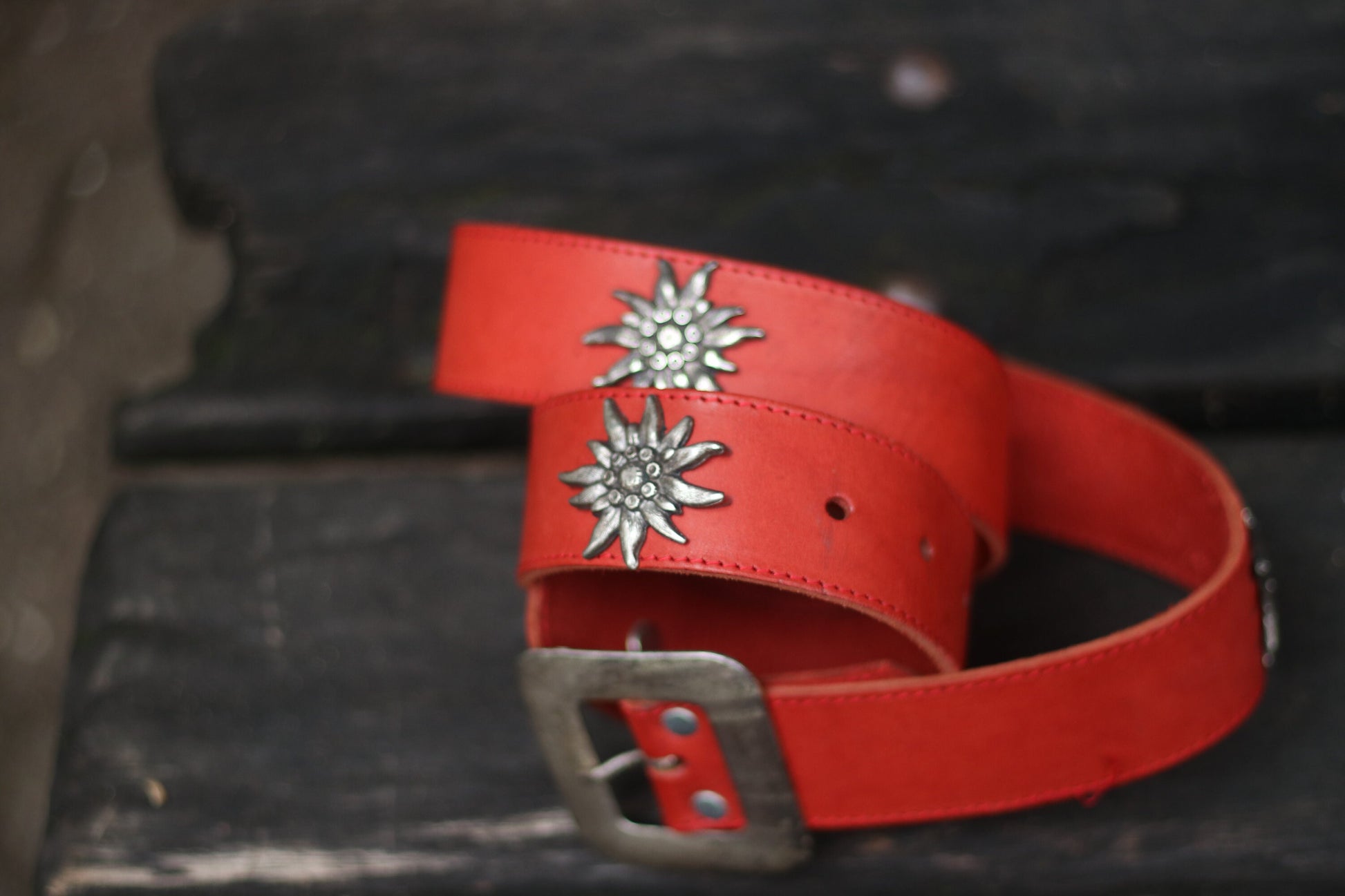 80s Red Leather Belt| Vintage studded bavarian folk belt| Embellished Maximalist belt with star shaped studs
