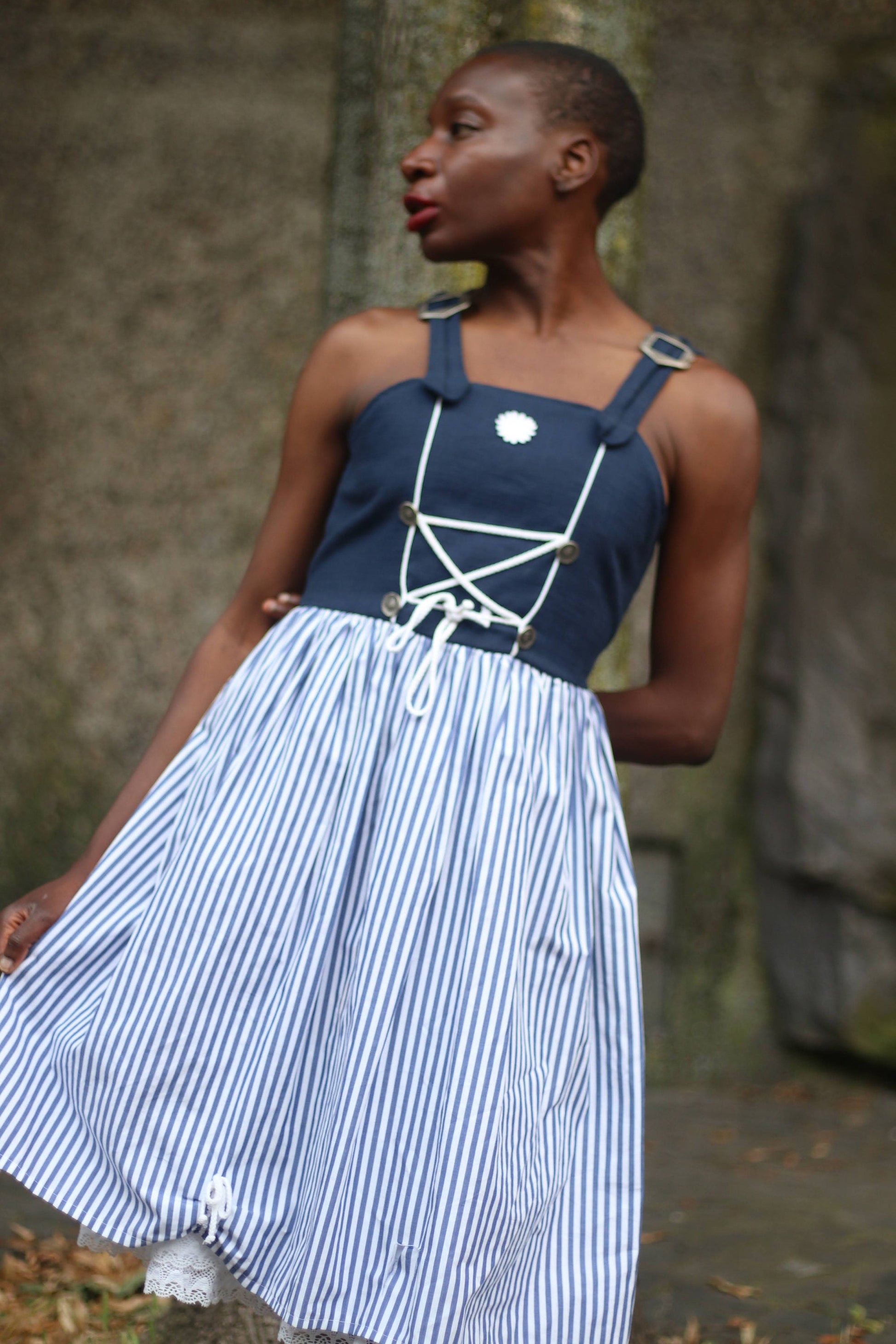 80s Blue & White Striped Summer Dress| Vintage Landhaus sleeveless traditional Austrian dress| Drindl inspired Bavarian cottage core dress