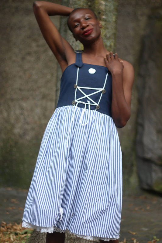 80s Blue & White Striped Summer Dress| Vintage Landhaus sleeveless traditional Austrian dress| Drindl inspired Bavarian cottage core dress