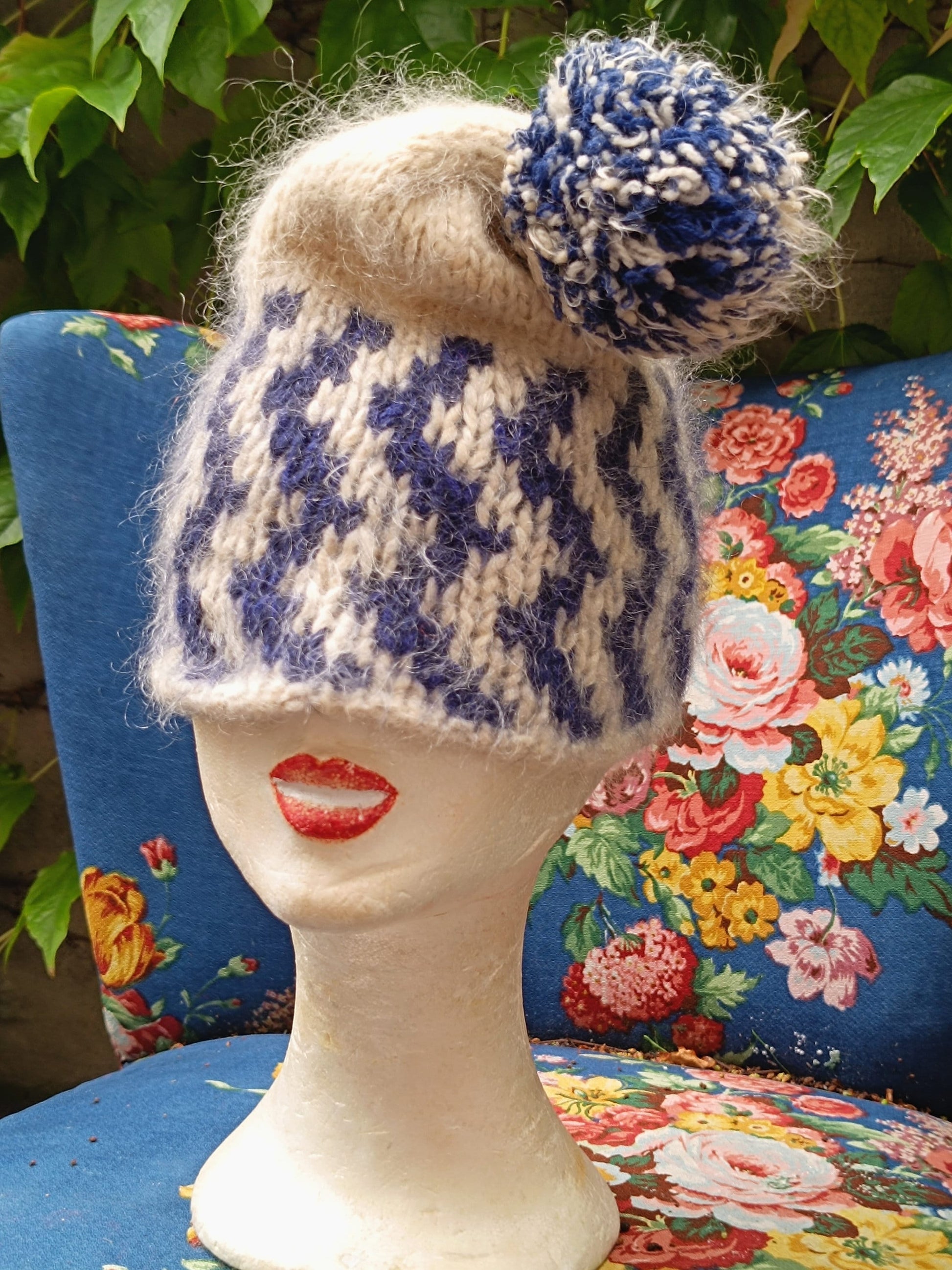 Hand-knitted Winter Hat| Vintage Cozy Blue Winter Beanie | Unique white and blue winter accessory| Maximalist knitted pom pom hat