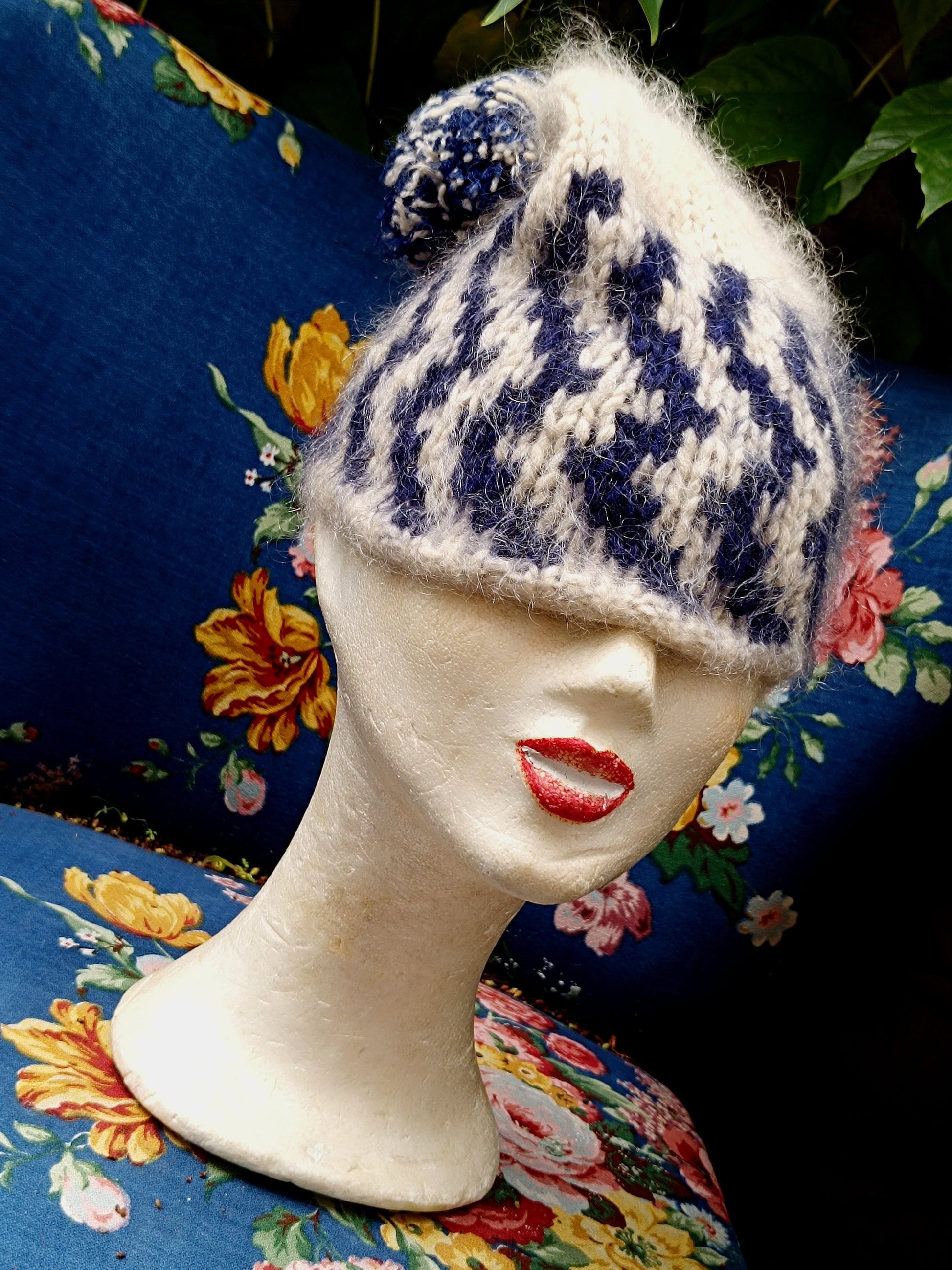 Hand-knitted Winter Hat| Vintage Cozy Blue Winter Beanie | Unique white and blue winter accessory| Maximalist knitted pom pom hat