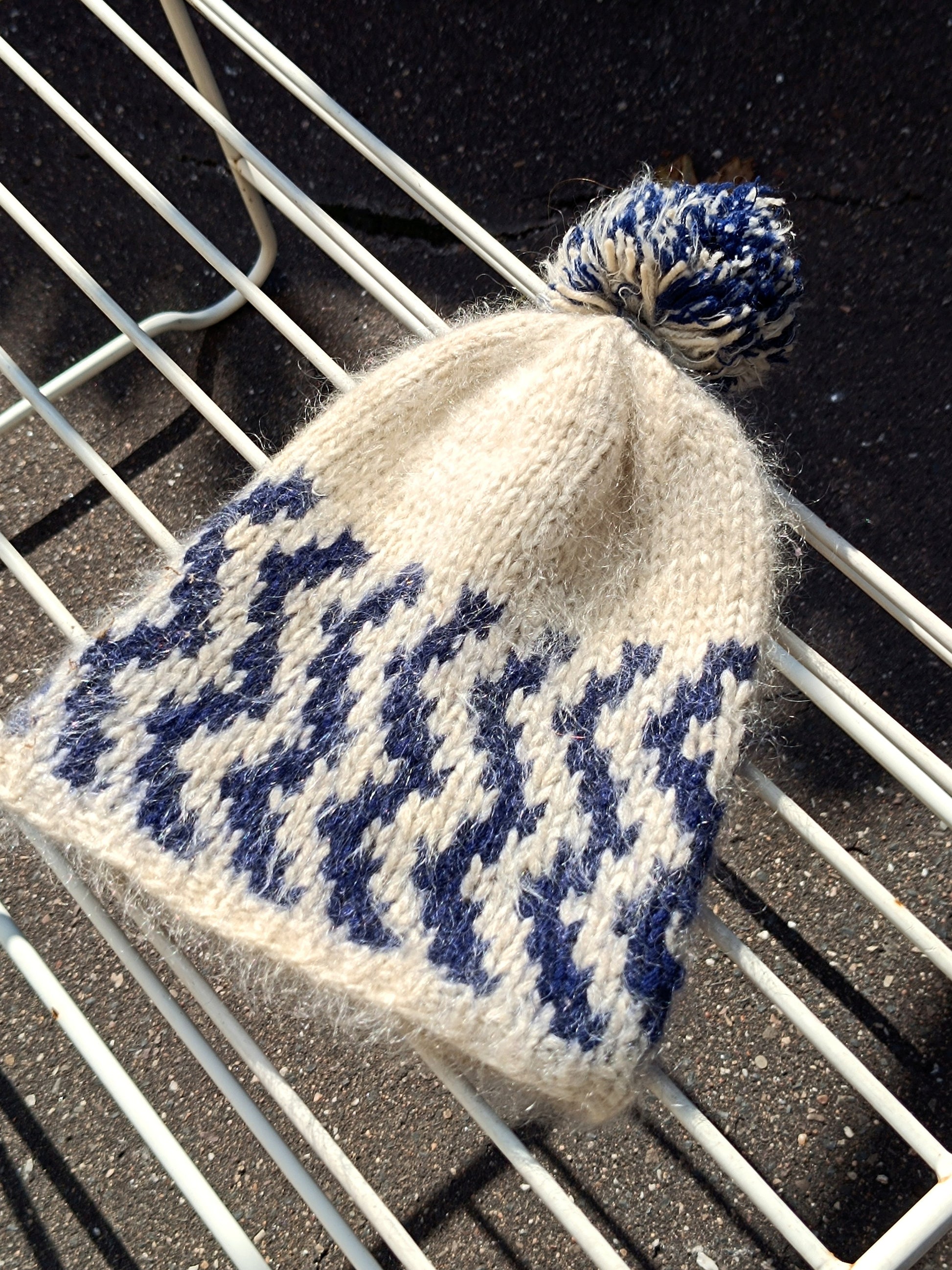 Hand-knitted Winter Hat| Vintage Cozy Blue Winter Beanie | Unique white and blue winter accessory| Maximalist knitted pom pom hat