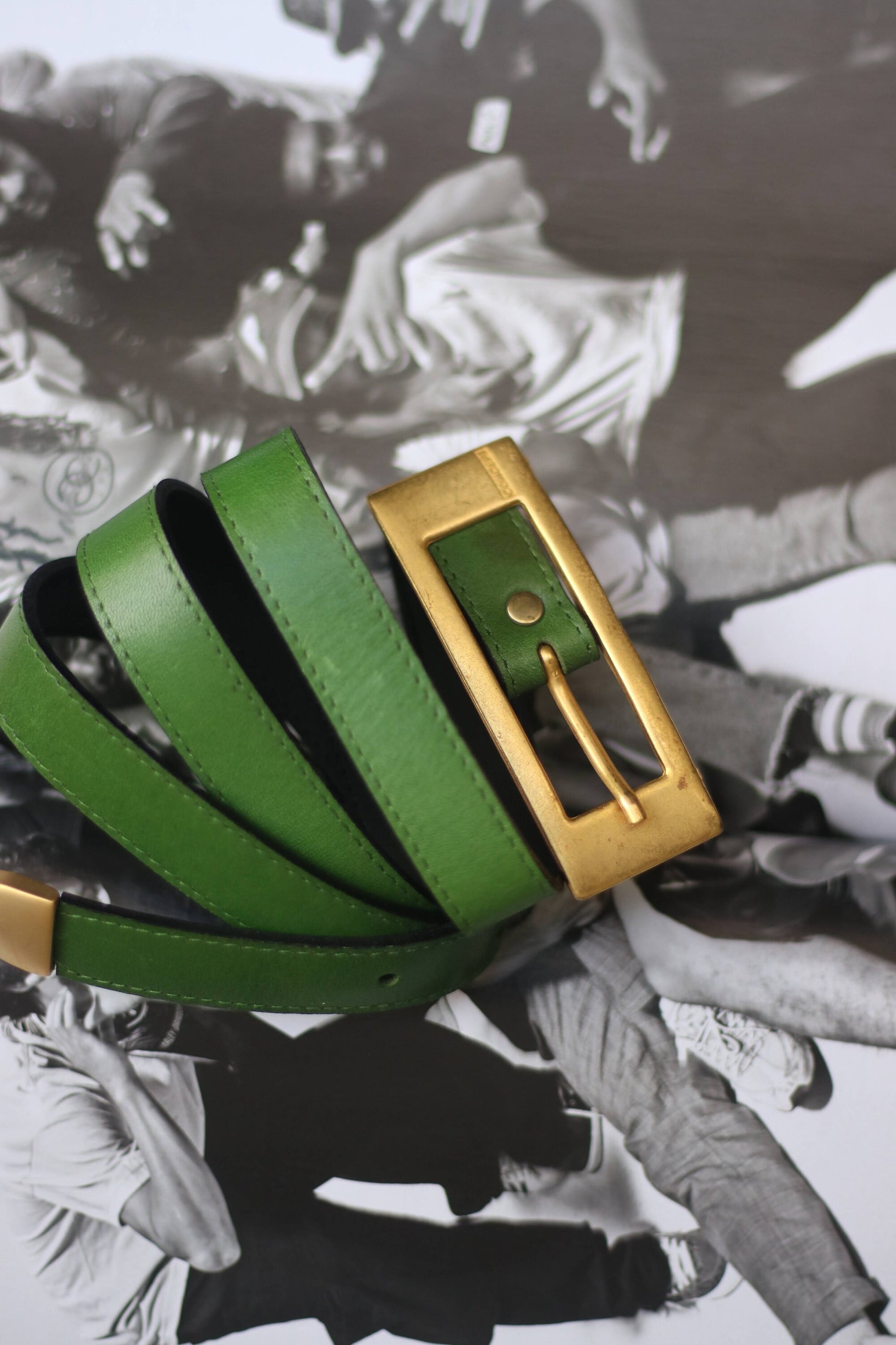 Vintage Green Skinny Leather belt| 80s green and gold colored belt| Minimalist thin belt