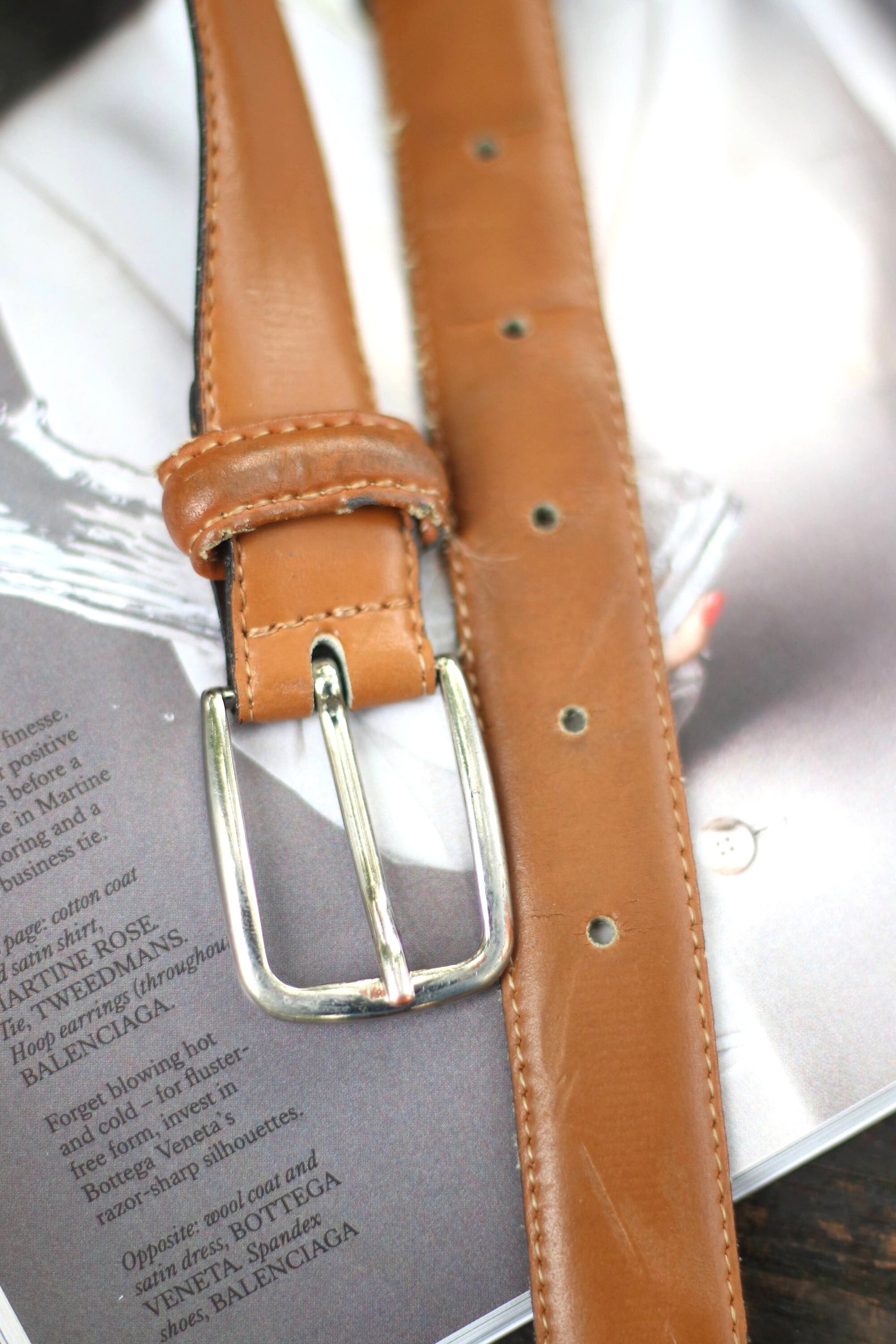 90s Minimalist brown leather belt| Vintage classic capsule wardrobe belt with silver colored buckle