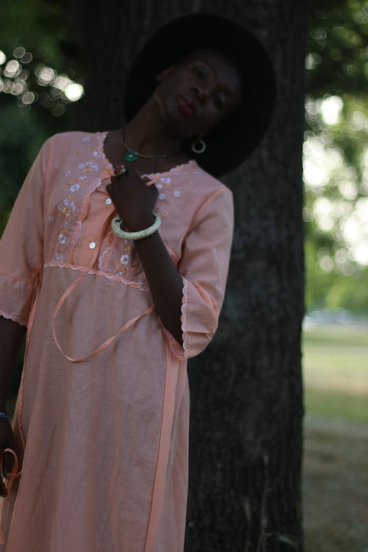 Vintage 70s Orange Maxi Dress| Bohochic Elegant Short Sleeved Retro Dress| Floral embroidered short sleeved maximalism sheer dress