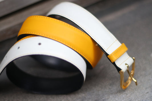 Vintage Yellow Leather Belt | 80s geometric white and yellow belt