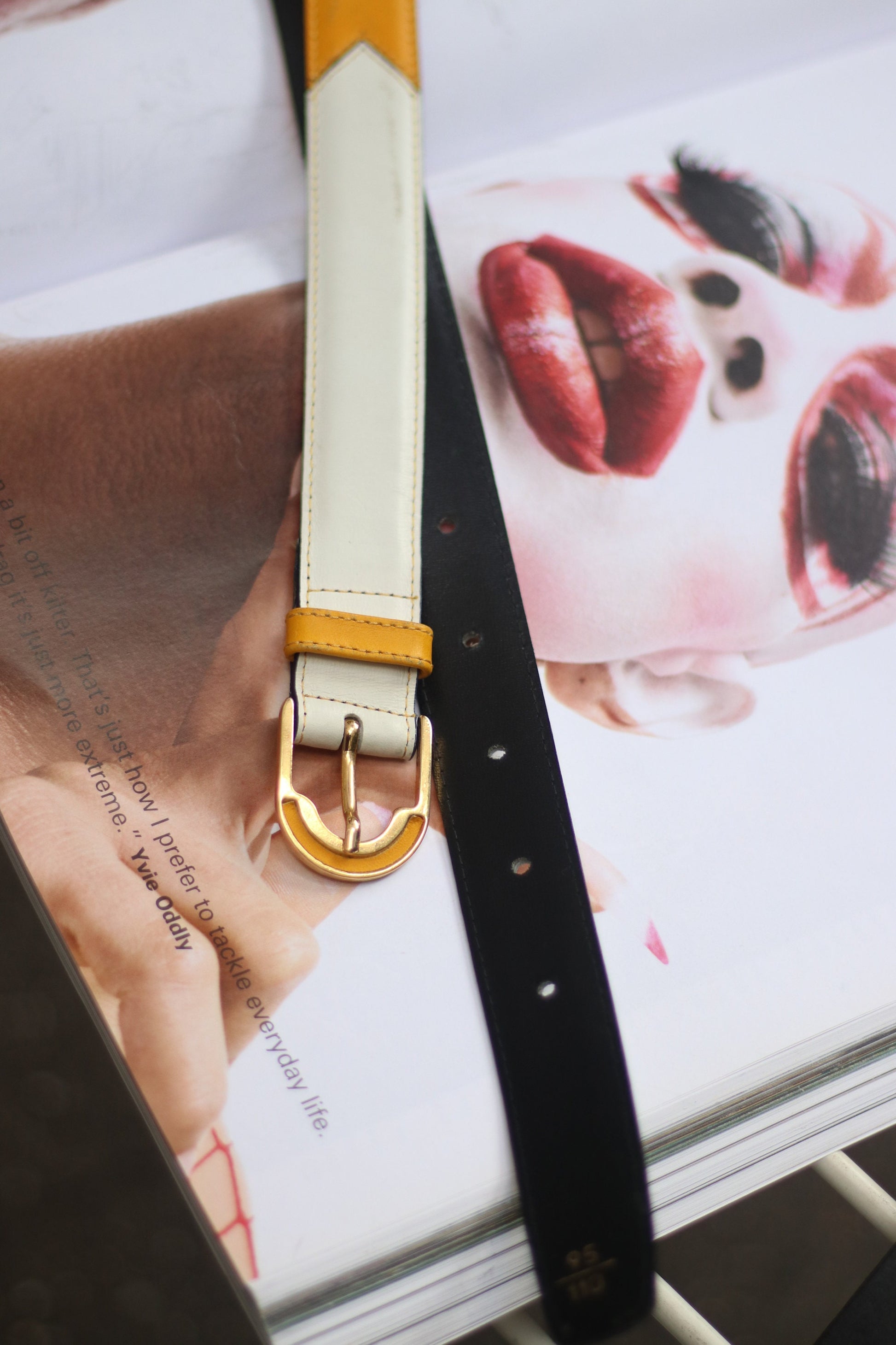 Vintage Yellow Leather Belt | 80s geometric white and yellow belt