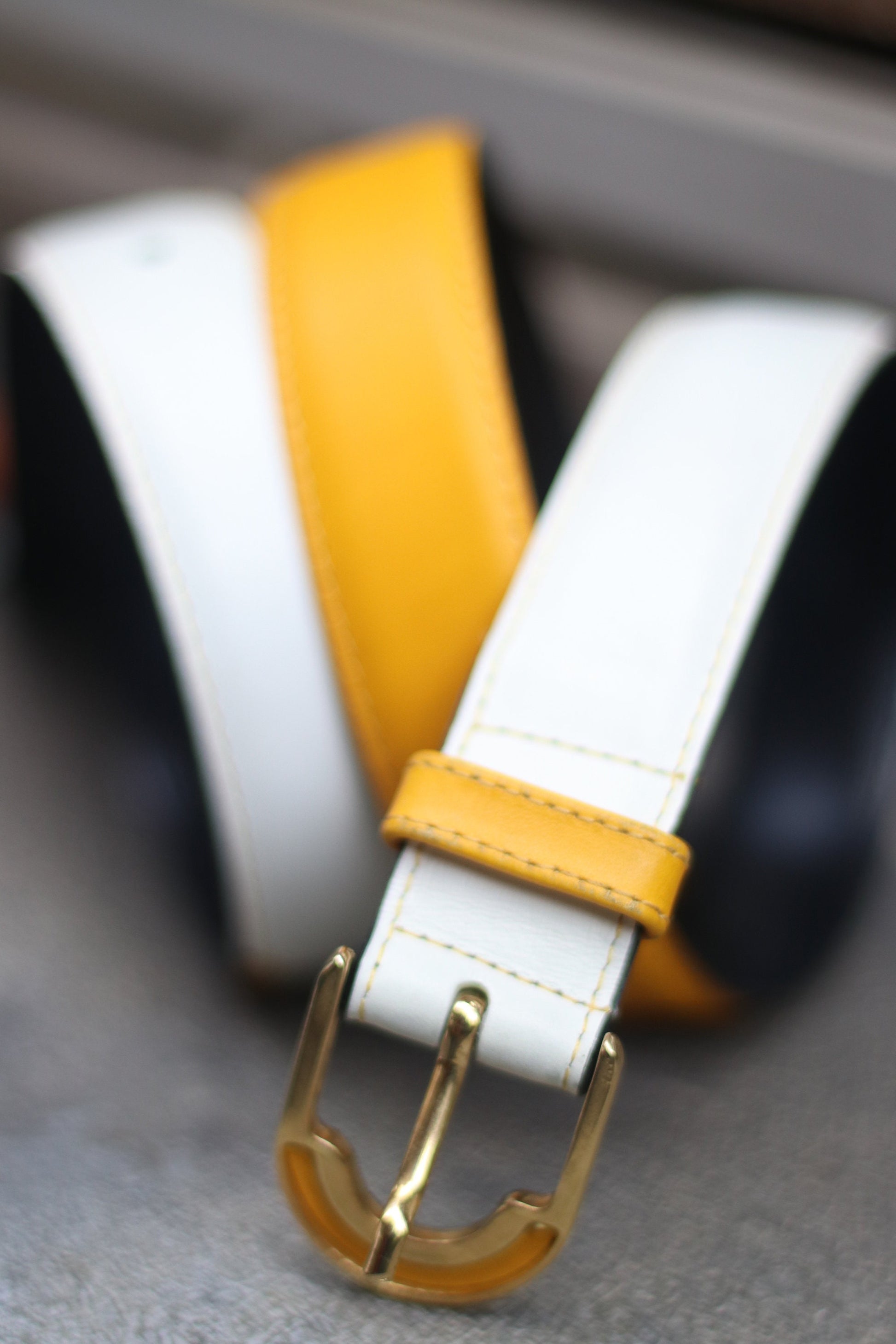 Vintage Yellow Leather Belt | 80s geometric white and yellow belt
