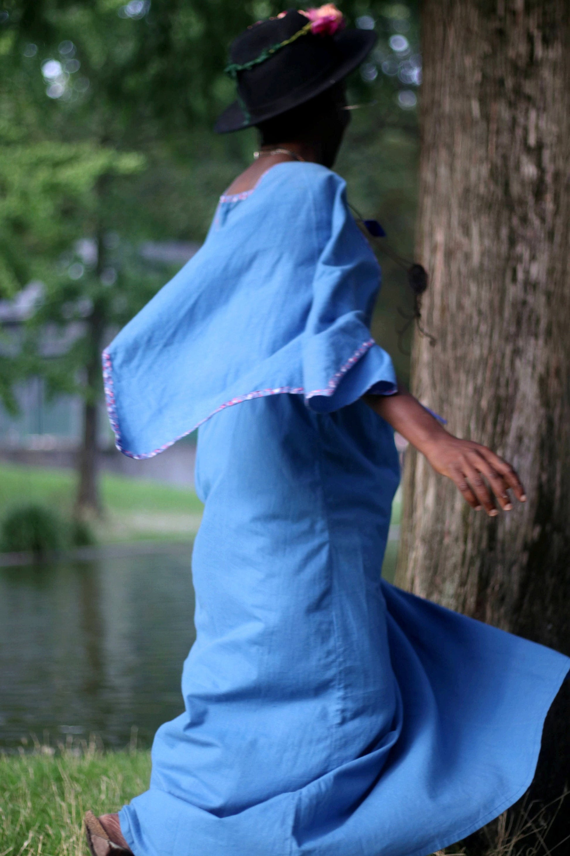 70s Blue Maxi Dress| Vintage Bohemian Summer Design with print details| Cottage core dress with statement bell sleeves and waist details.