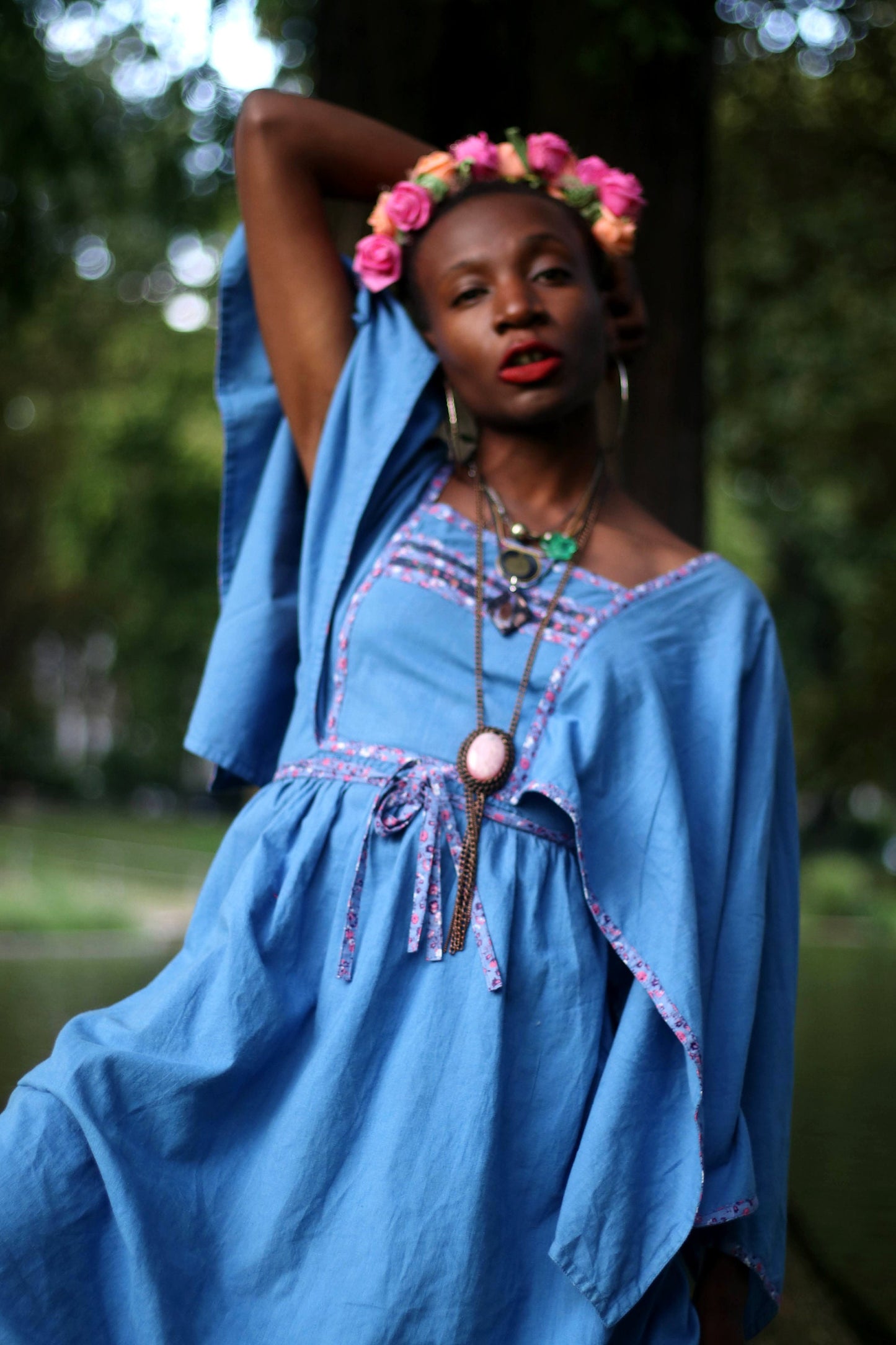 70s Blue Maxi Dress| Vintage Bohemian Summer Design with print details| Cottage core dress with statement bell sleeves and waist details.