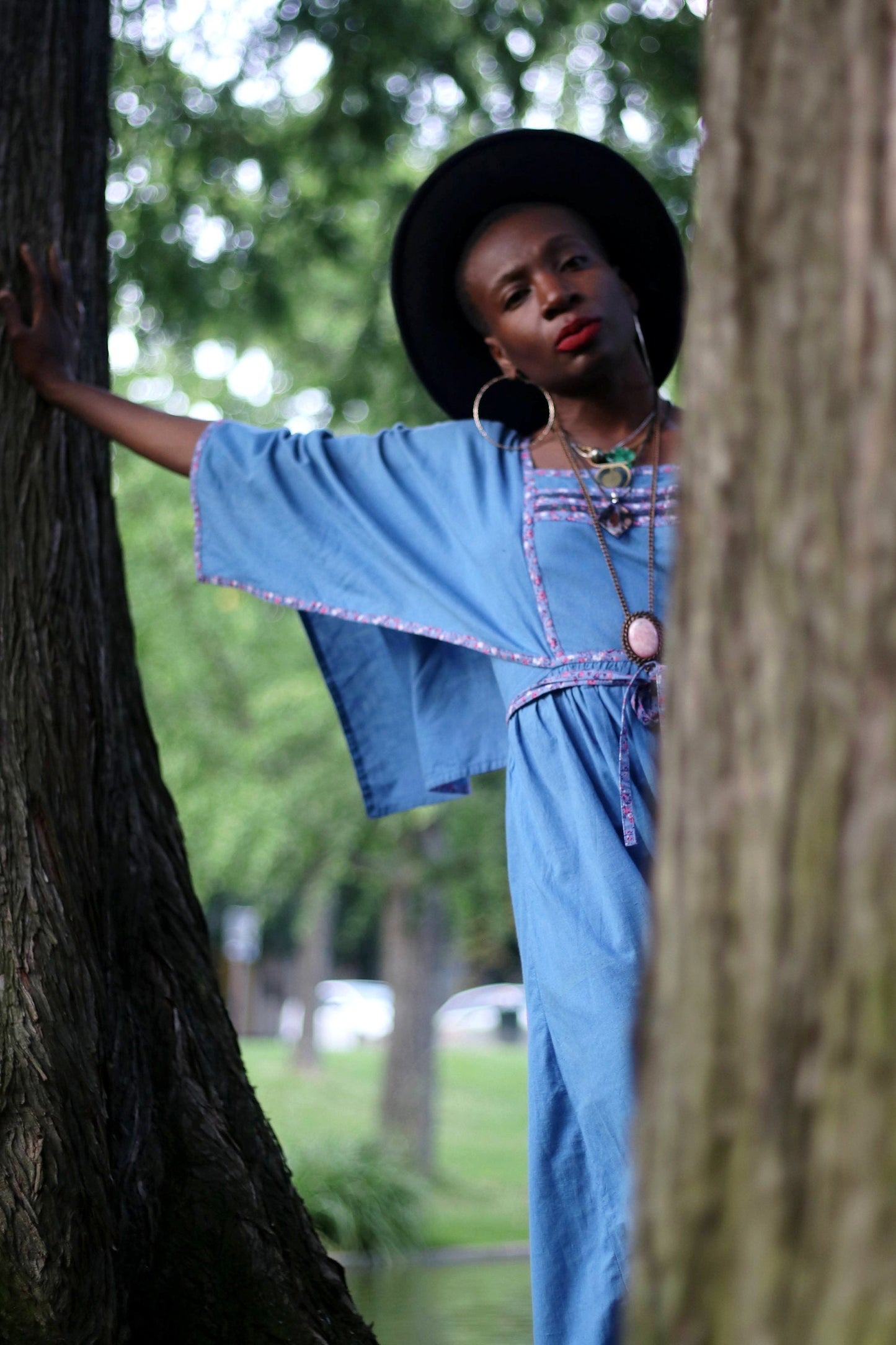 70s Blue Maxi Dress| Vintage Bohemian Summer Design with print details| Cottage core dress with statement bell sleeves and waist details.
