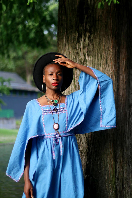 70s Blue Maxi Dress| Vintage Bohemian Summer Design with print details| Cottage core dress with statement bell sleeves and waist details.