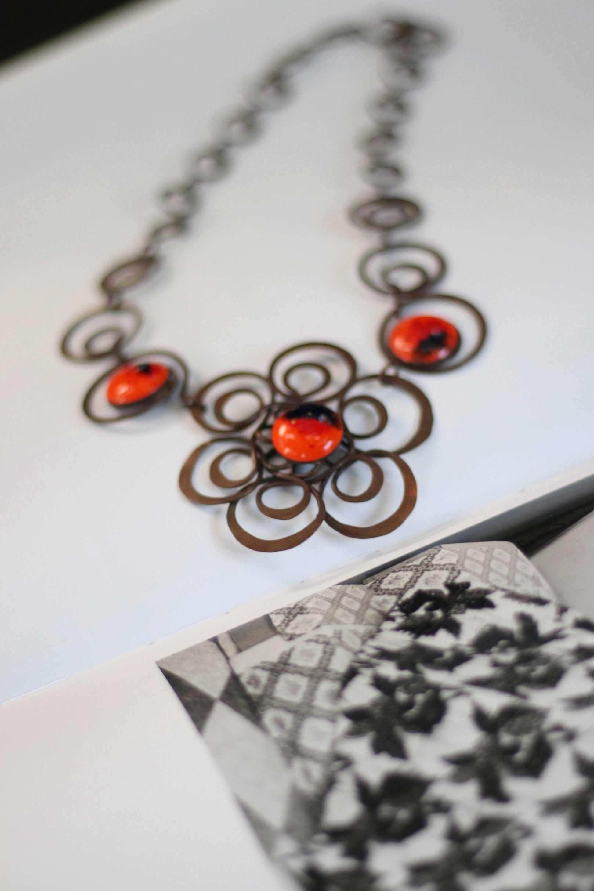 70s Statement Floral Necklace| Unique vintage nicklace with floral motif and red stones| Maximalist hippy jewelry