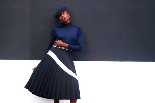 Vintage monochrome Pleated Skirt| 80s black and white minimalist skirt| Striped midi skirt