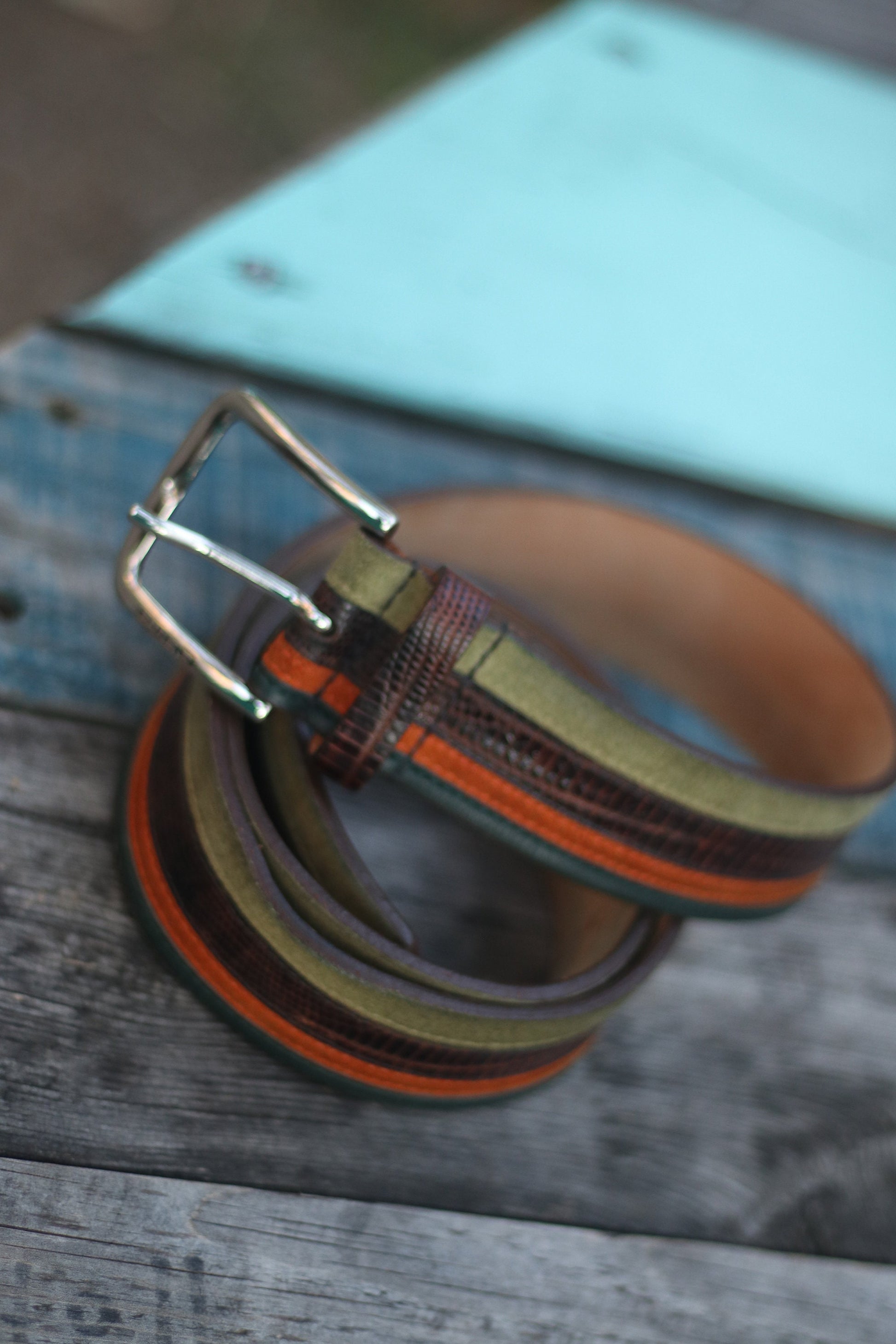 90s Etro Leather Belt | Vintage striped designer belt| Maximalist green and brown belt