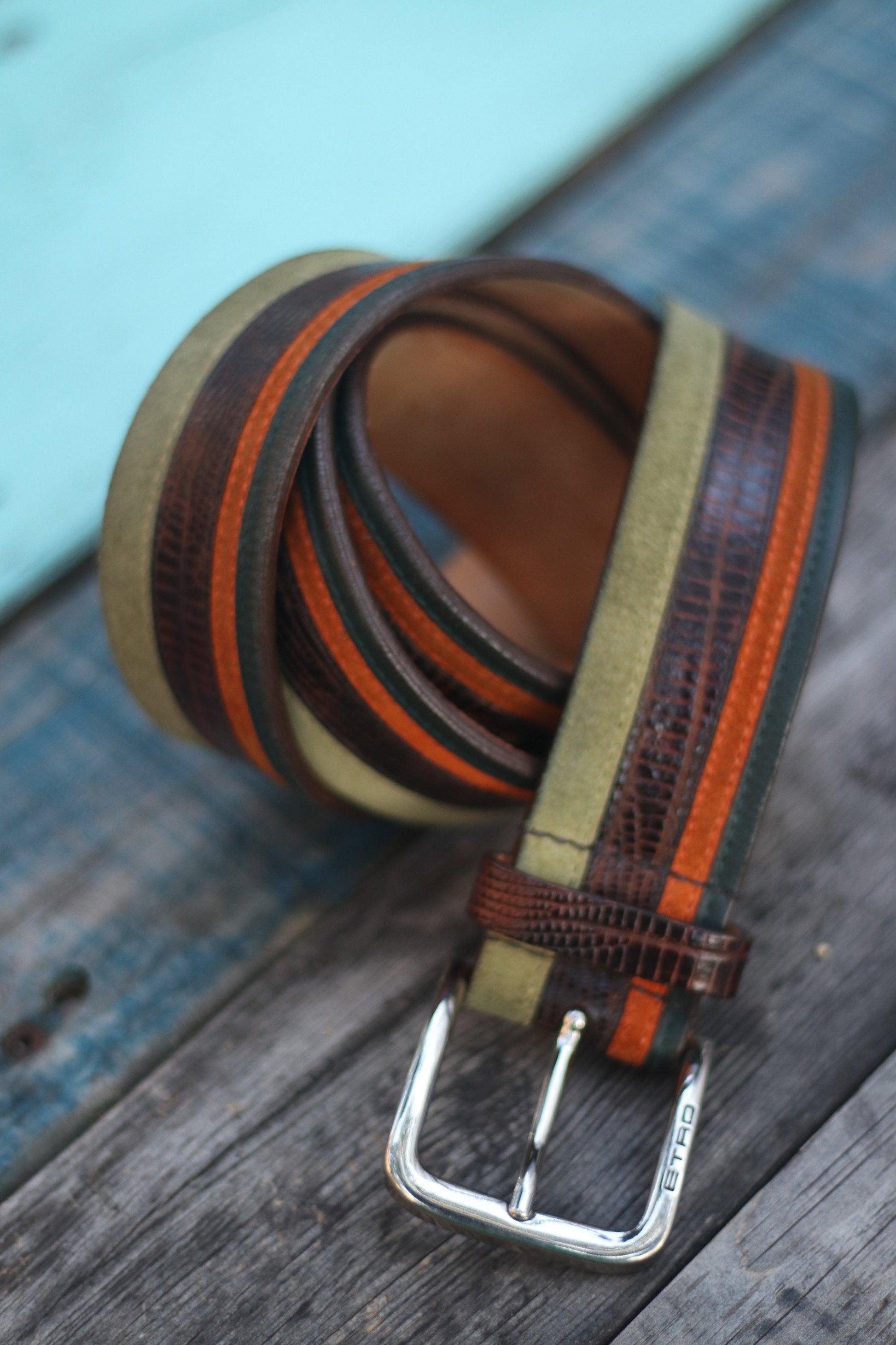 90s Etro Leather Belt | Vintage striped designer belt| Maximalist green and brown belt