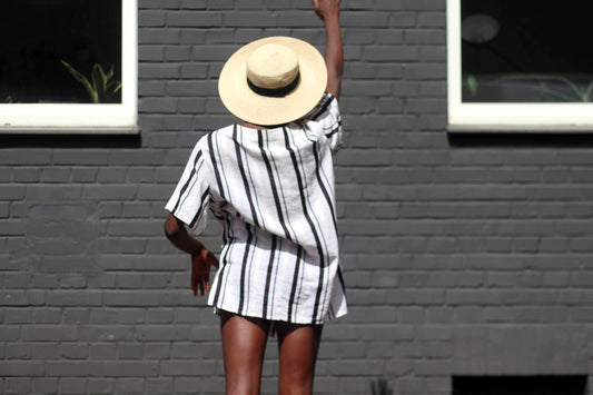90s Striped linen blend top| Vintage Monochrome summer collarless shirt| Black and white oversized piece