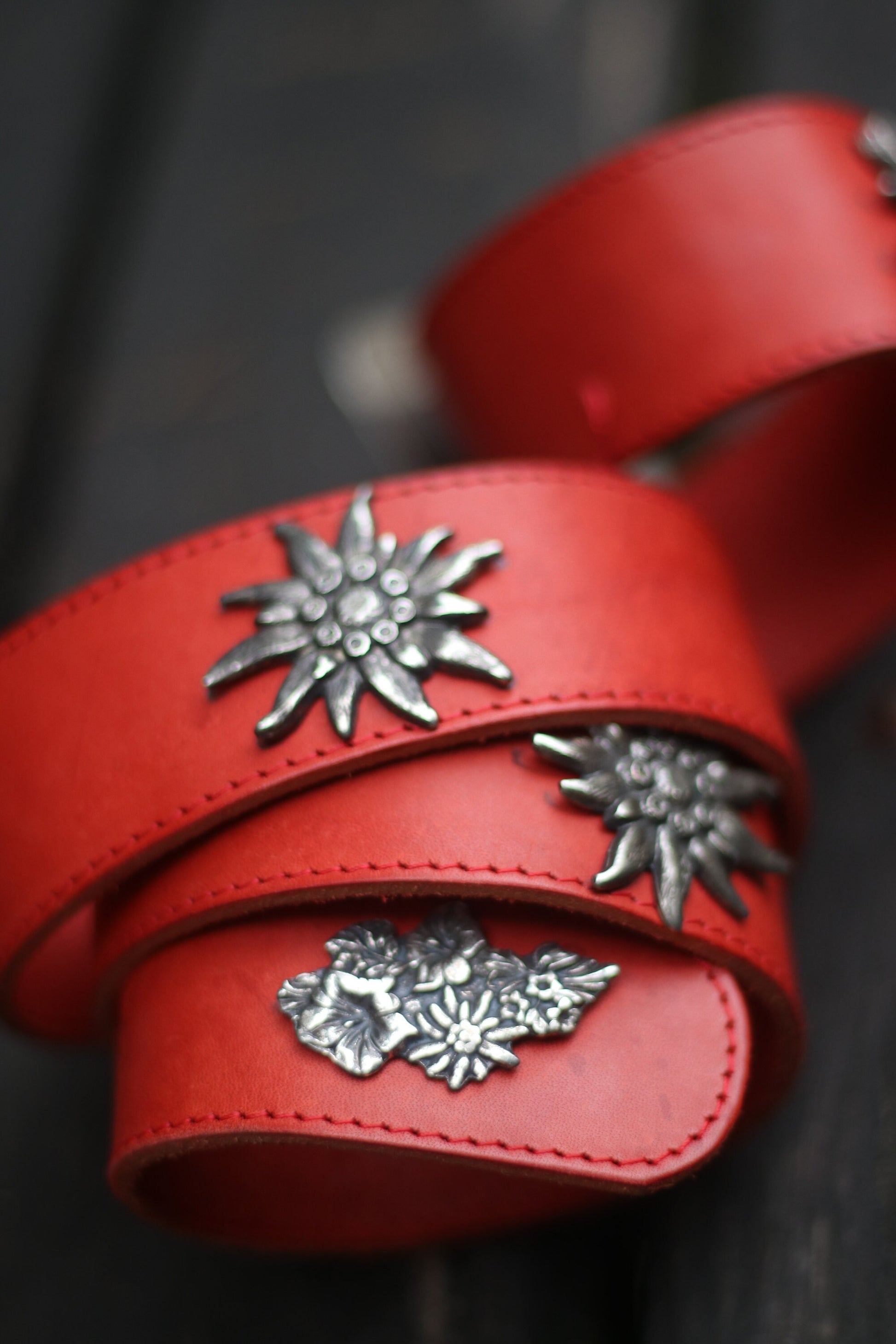 80s Red Leather Belt| Vintage studded bavarian folk belt| Embellished Maximalist belt with star shaped studs