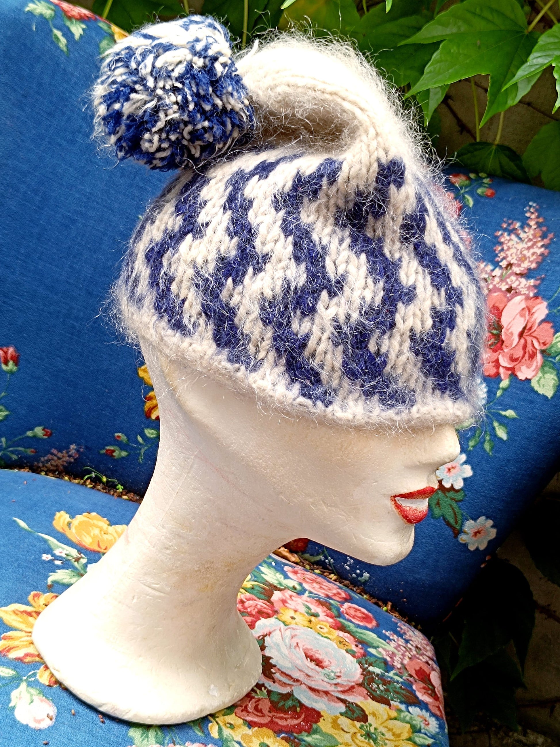 Hand-knitted Winter Hat| Vintage Cozy Blue Winter Beanie | Unique white and blue winter accessory| Maximalist knitted pom pom hat